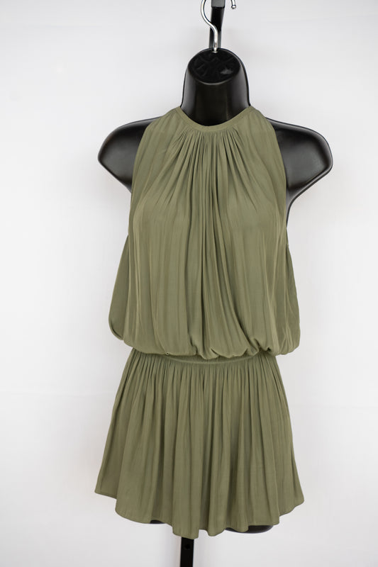Ramy Brook Silk Army Green Halter-Neck Sleeveless Smocked Waist Mini Dress