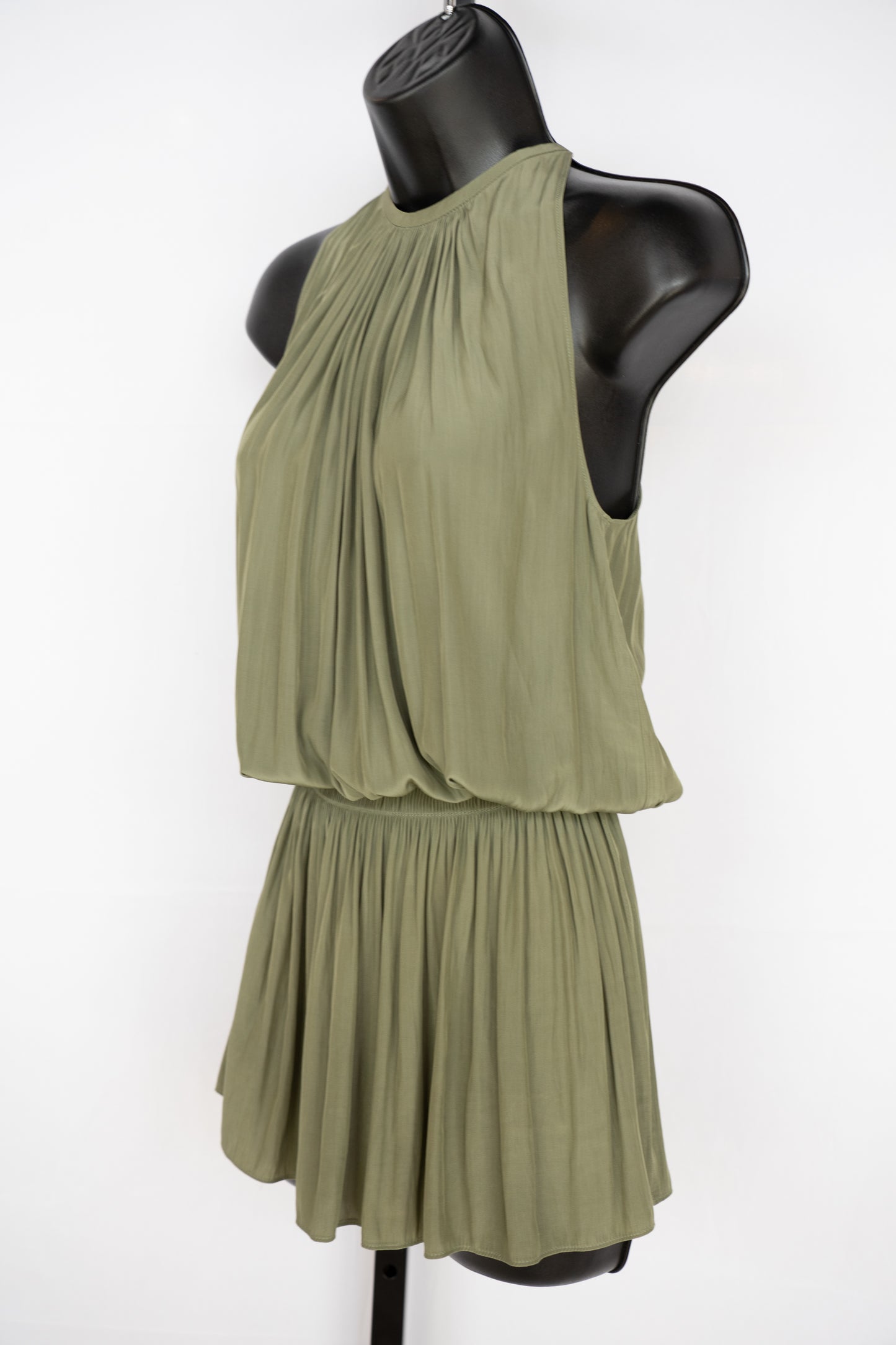Ramy Brook Silk Army Green Halter-Neck Sleeveless Smocked Waist Mini Dress