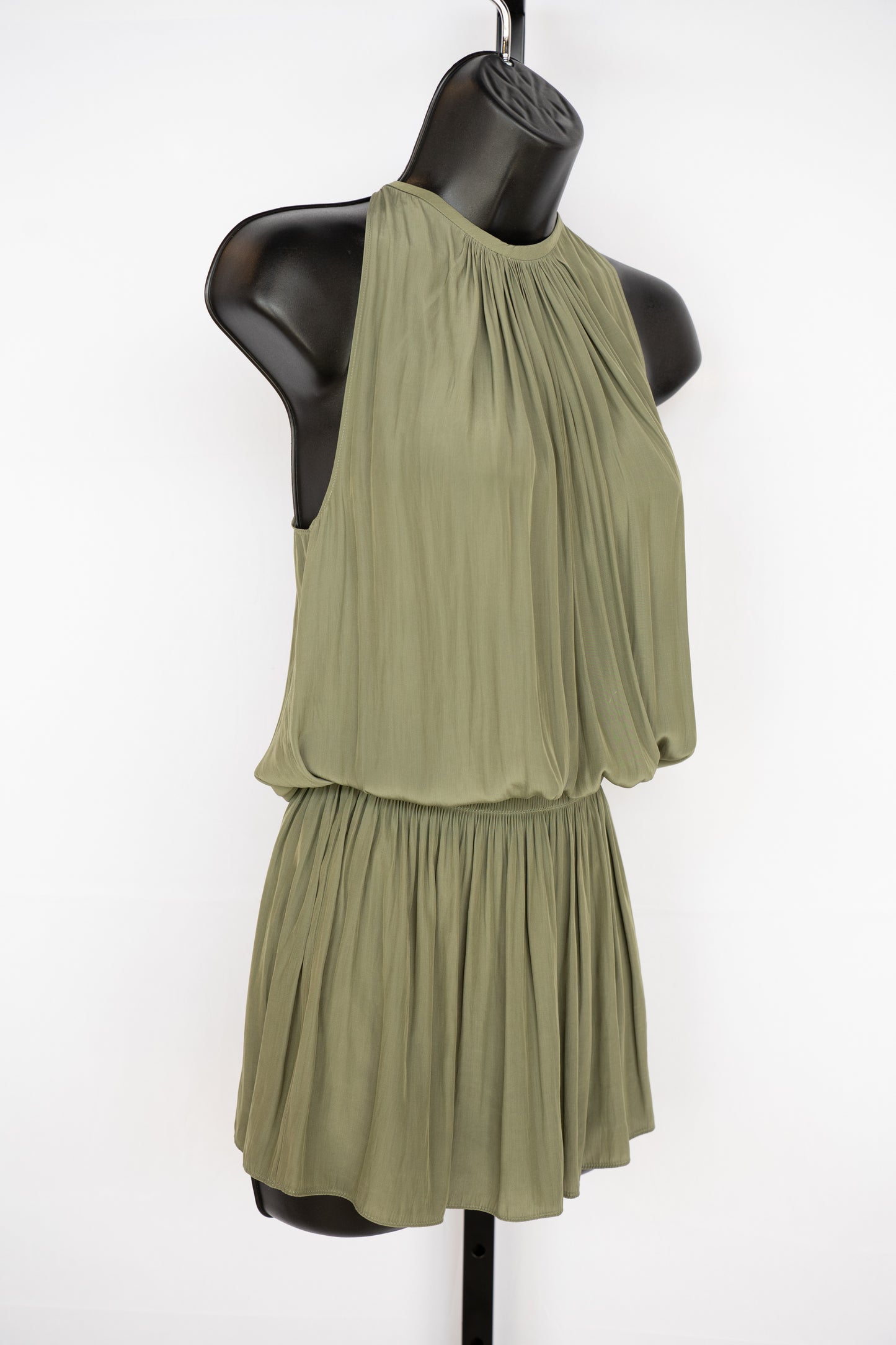 Ramy Brook Silk Army Green Halter-Neck Sleeveless Smocked Waist Mini Dress