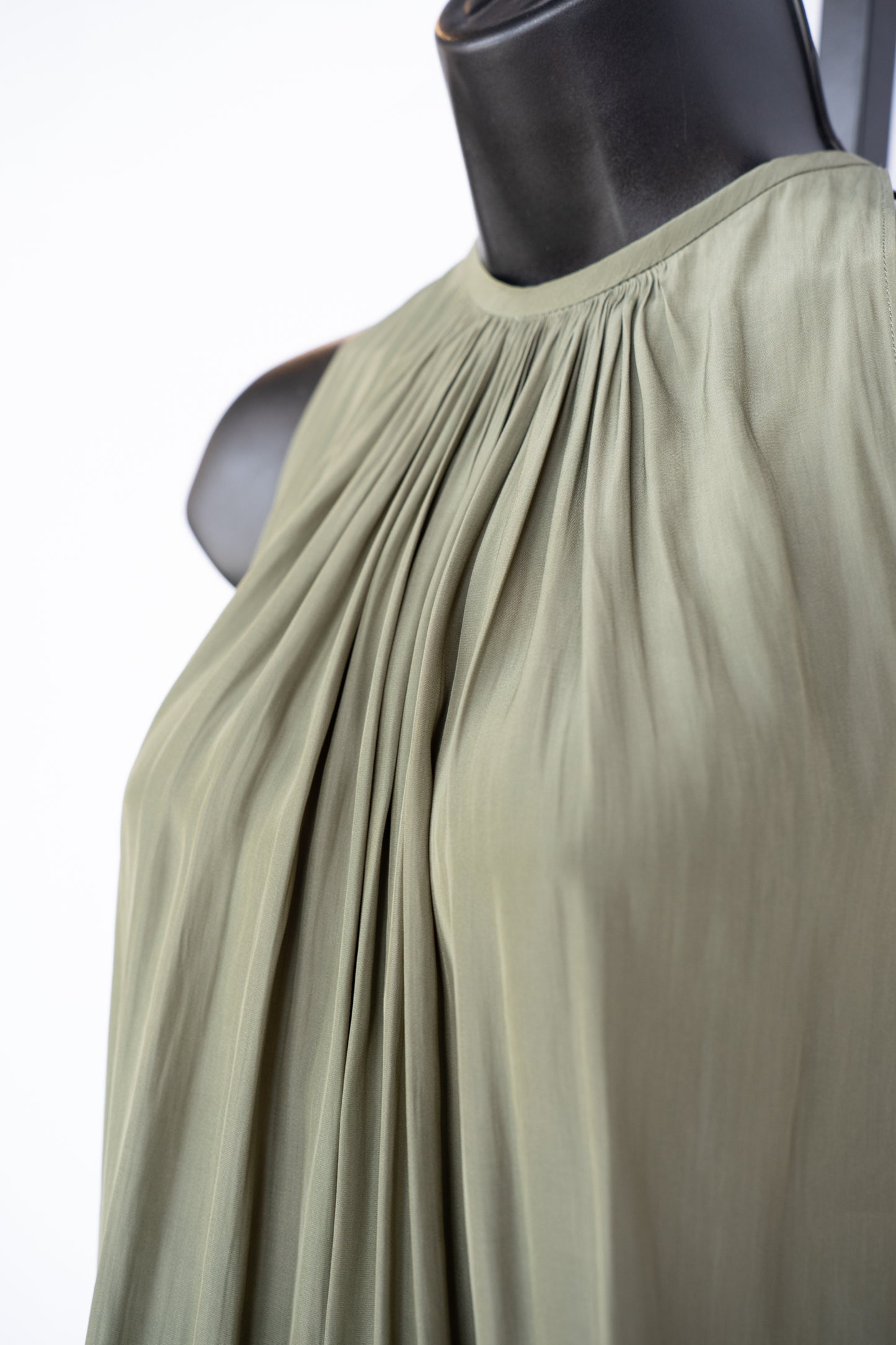 Ramy Brook Silk Army Green Halter-Neck Sleeveless Smocked Waist Mini Dress