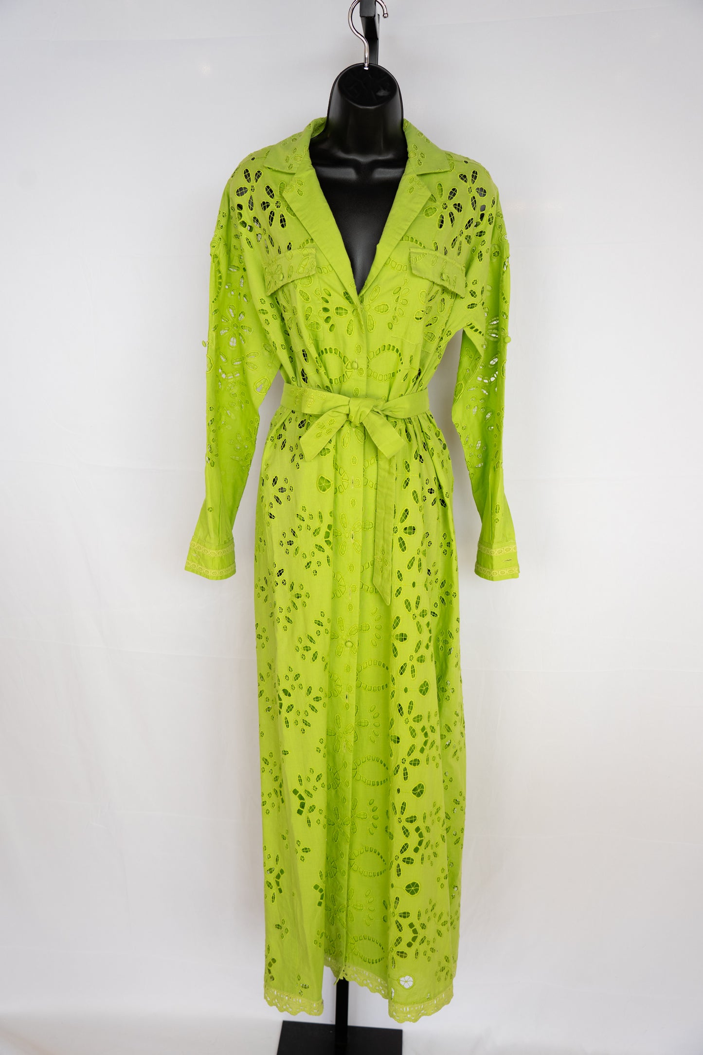 Rococo Light Green Floral Crochet Collared Long Sleeve Button Up Maxi Dress w Belt