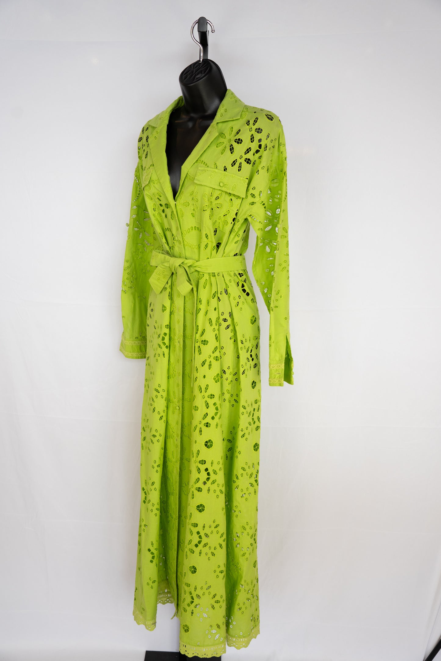 Rococo Light Green Floral Crochet Collared Long Sleeve Button Up Maxi Dress w Belt