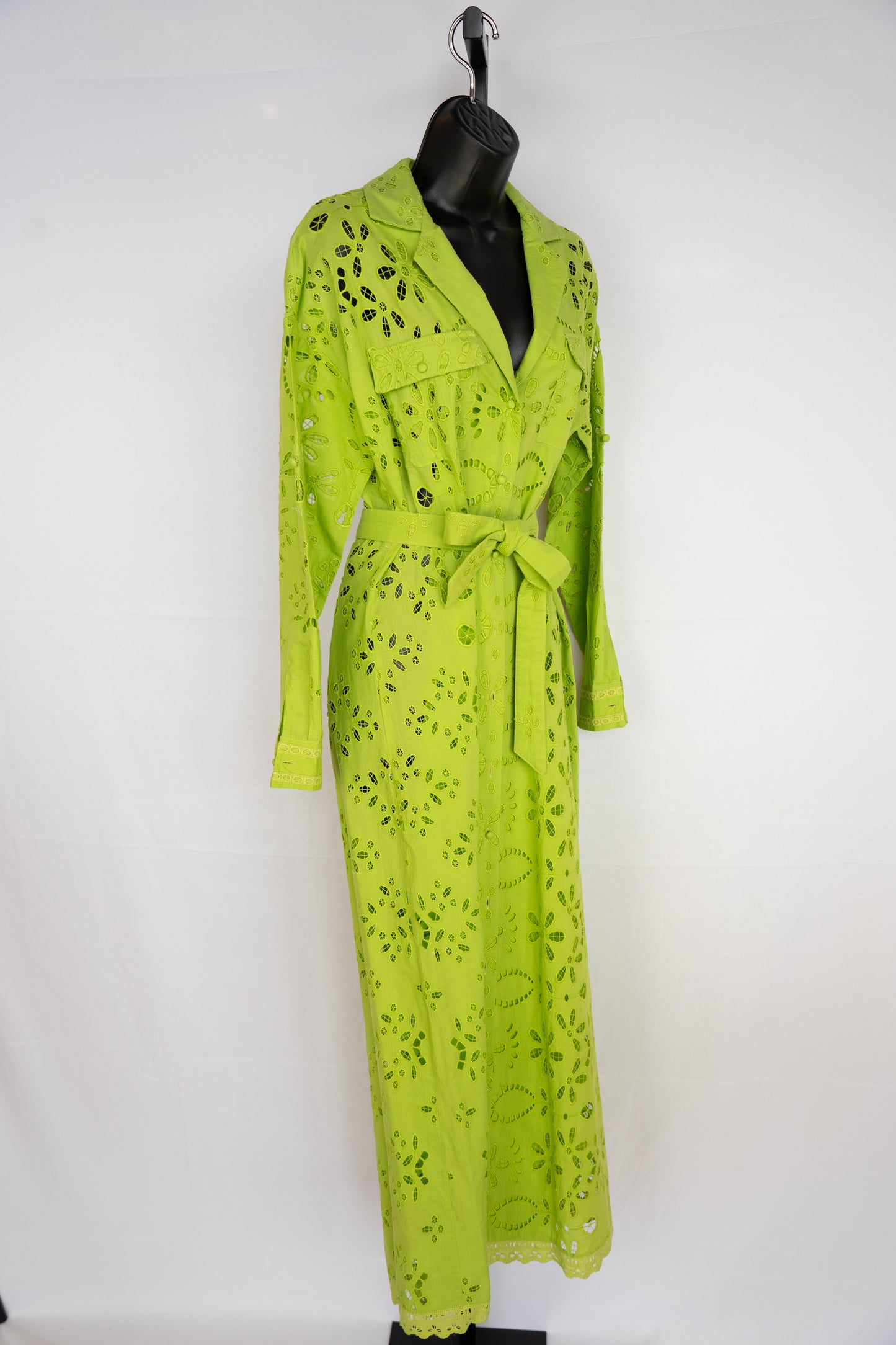 Rococo Light Green Floral Crochet Collared Long Sleeve Button Up Maxi Dress w Belt