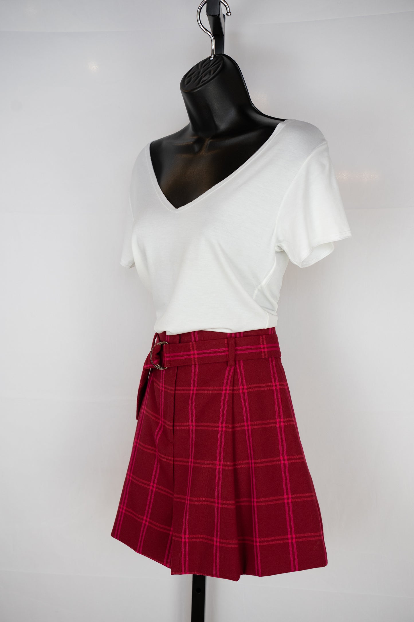 Jonathan Simkhai Red w Pink Plaid Mini Shorts w Belt