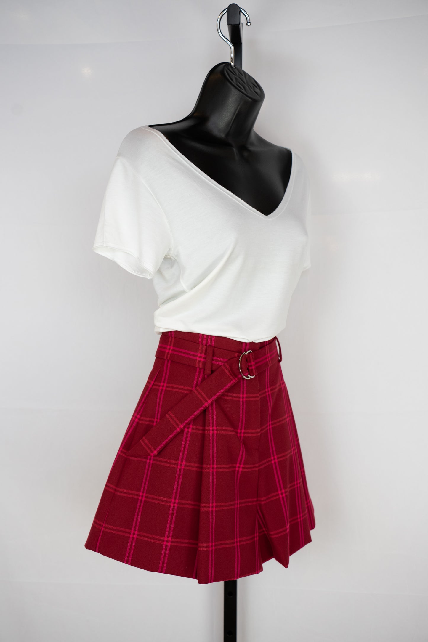 Jonathan Simkhai Red w Pink Plaid Mini Shorts w Belt