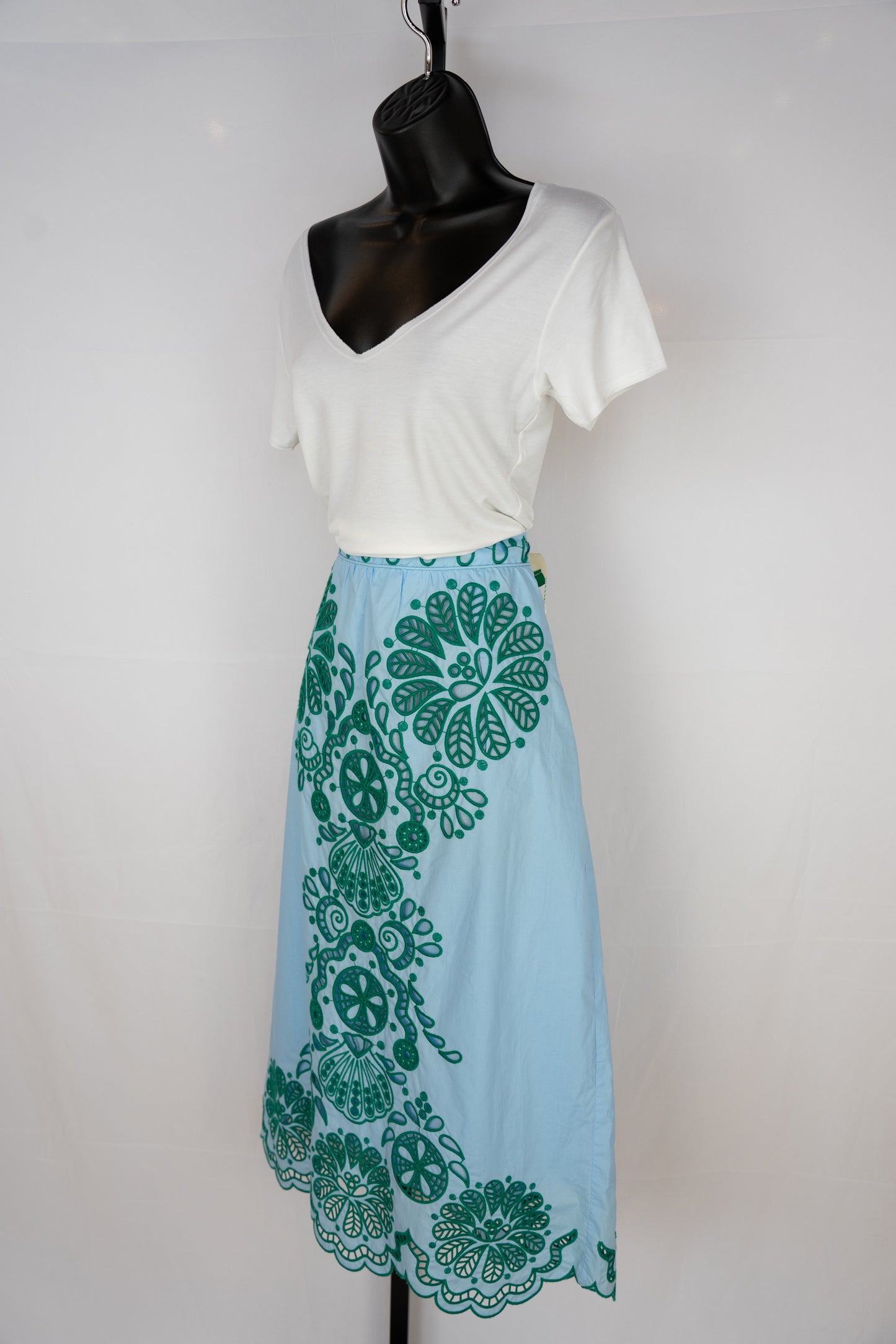 Farm Rio Light Blue w/ Green Embroidery Midi Skirt (HAS MATCHING TOP)