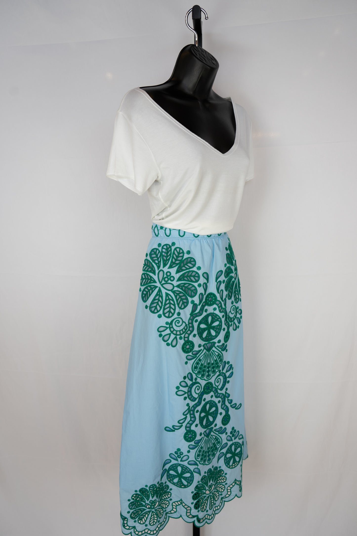 Farm Rio Light Blue w/ Green Embroidery Midi Skirt (HAS MATCHING TOP)