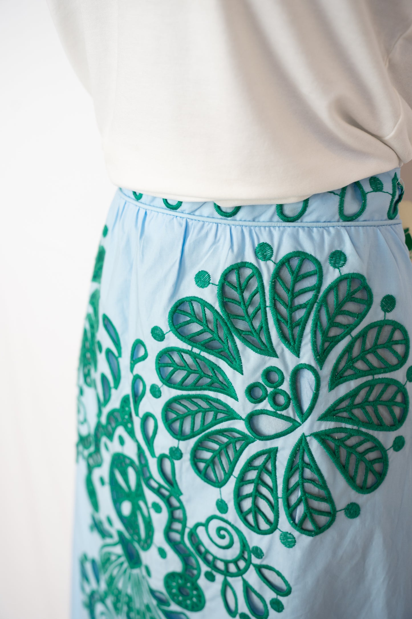 Farm Rio Light Blue w/ Green Embroidery Midi Skirt (HAS MATCHING TOP)