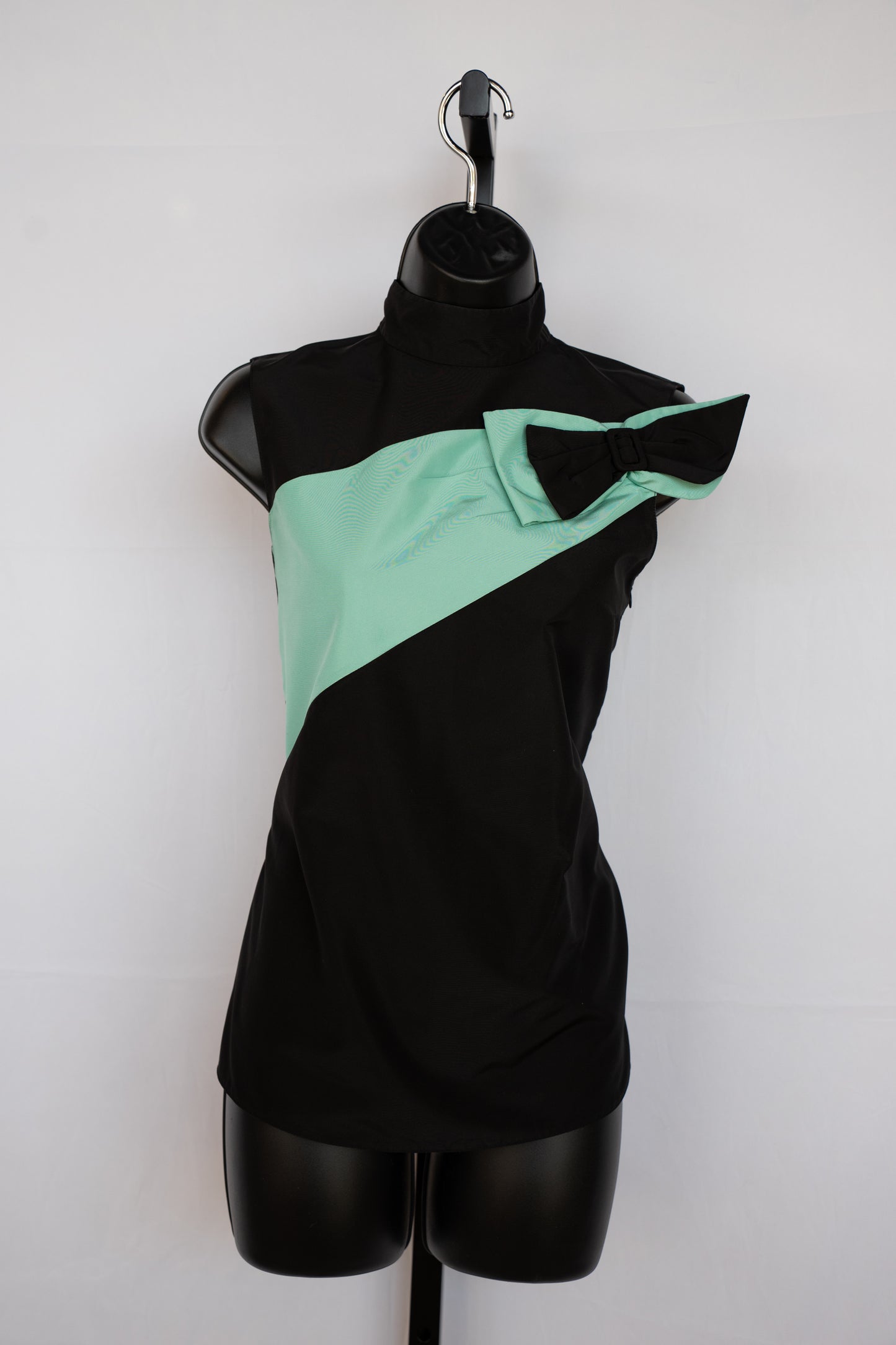 Prada Black Sleeveless Mock Neck Blouse w/ Tiffany Blue Stripe