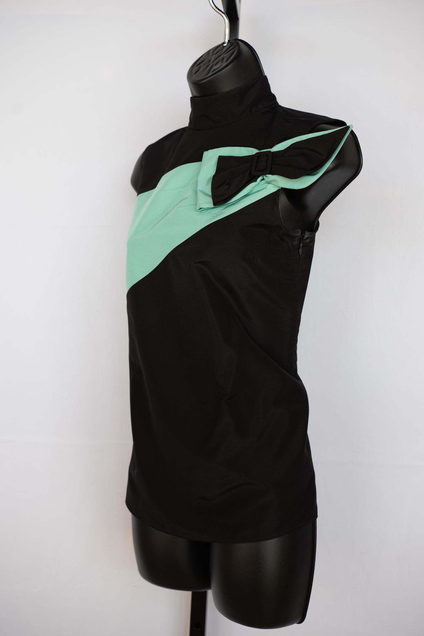 Prada Black Sleeveless Mock Neck Blouse w/ Tiffany Blue Stripe