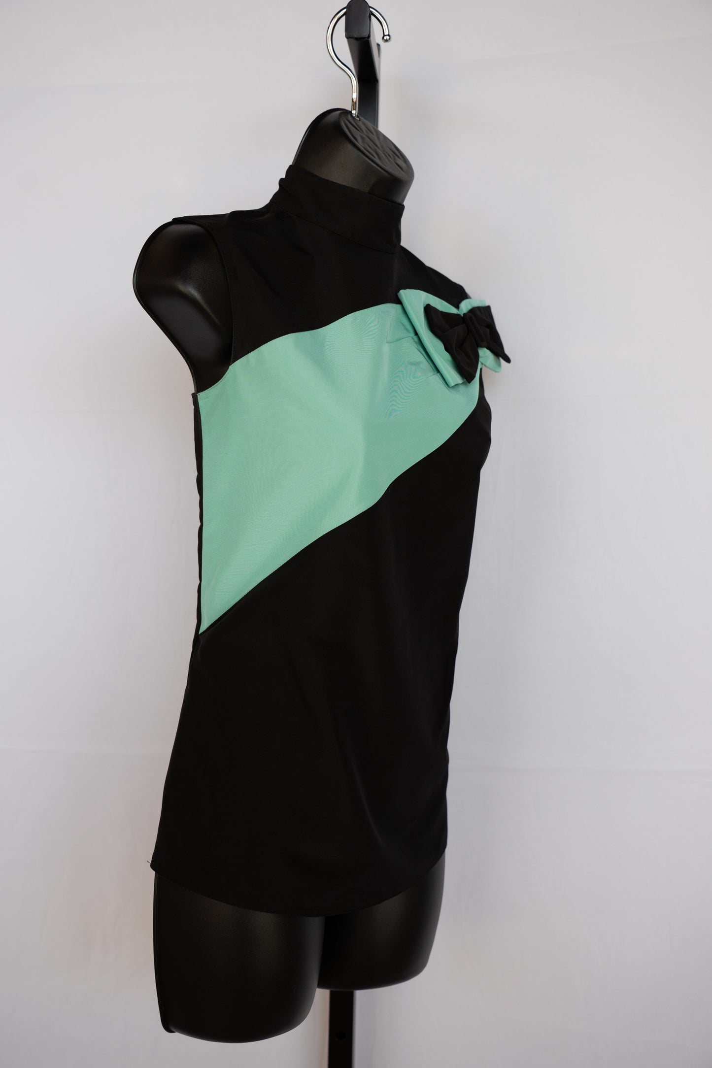 Prada Black Sleeveless Mock Neck Blouse w/ Tiffany Blue Stripe