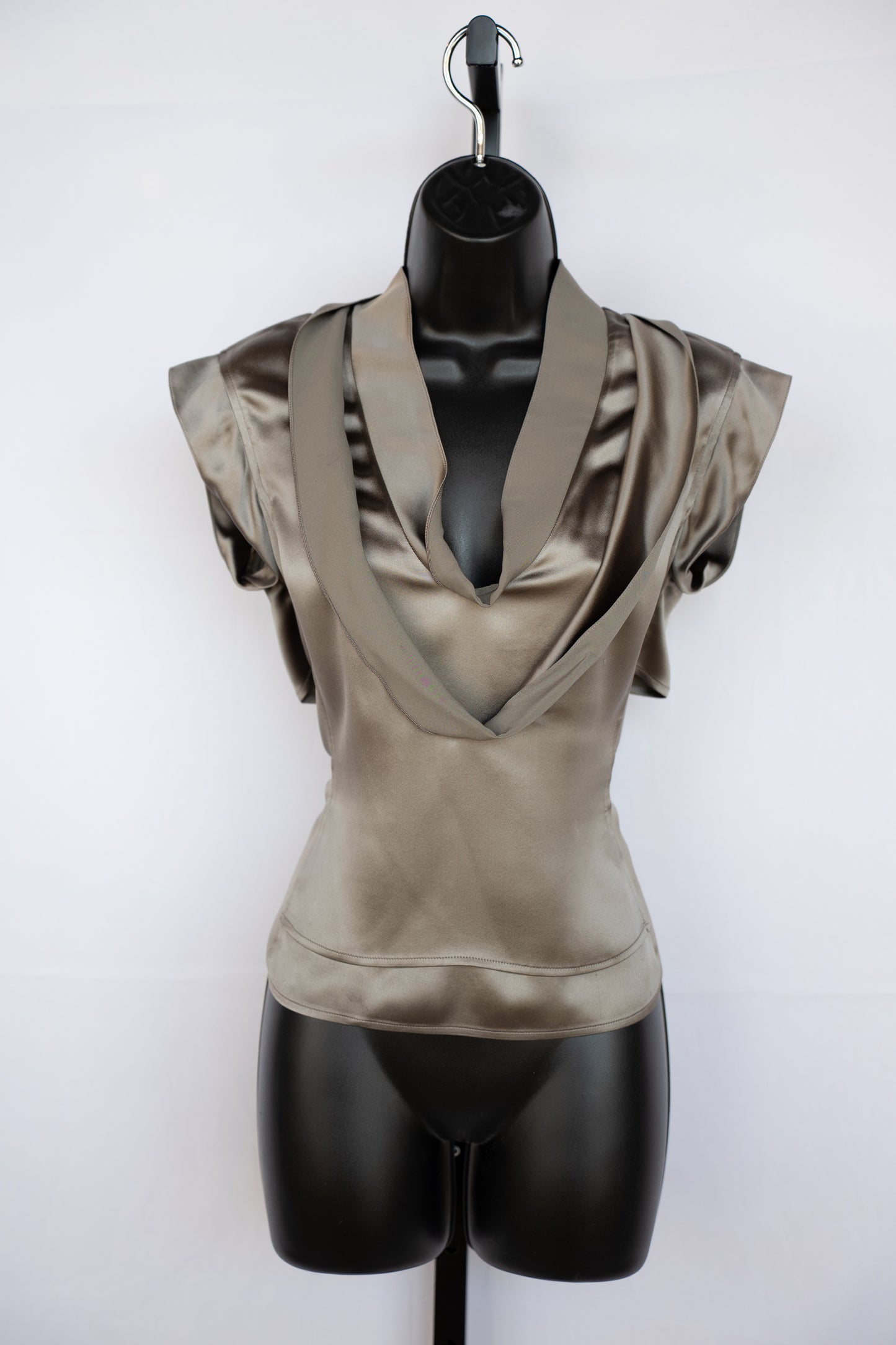 Saint Laurent Taupe Silk Short Sleeve Blouse w/ Double Neckline