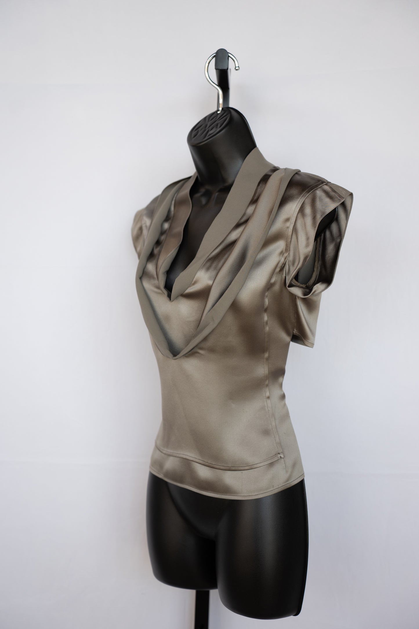Saint Laurent Taupe Silk Short Sleeve Blouse w/ Double Neckline