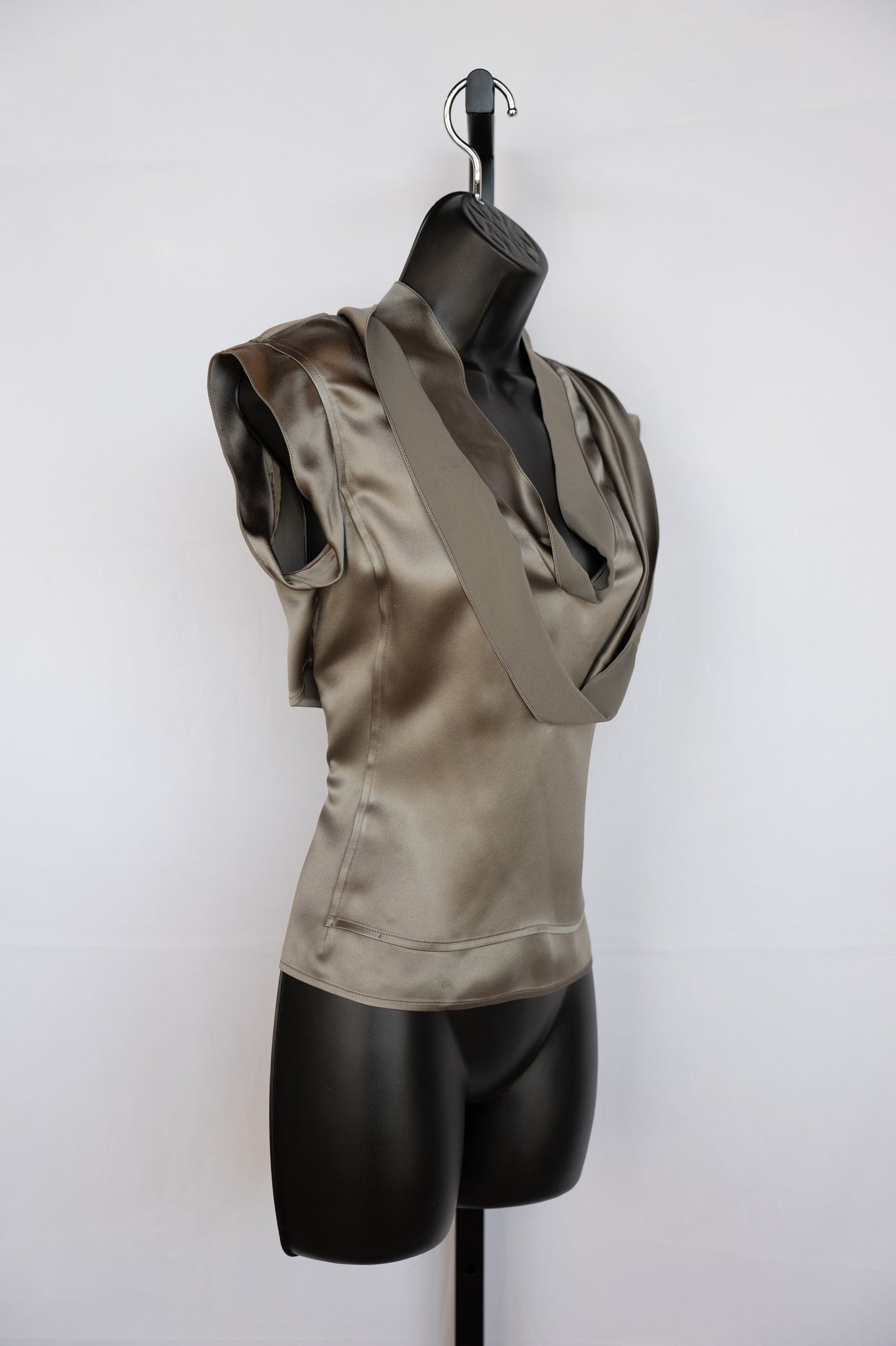 Saint Laurent Taupe Silk Short Sleeve Blouse w/ Double Neckline