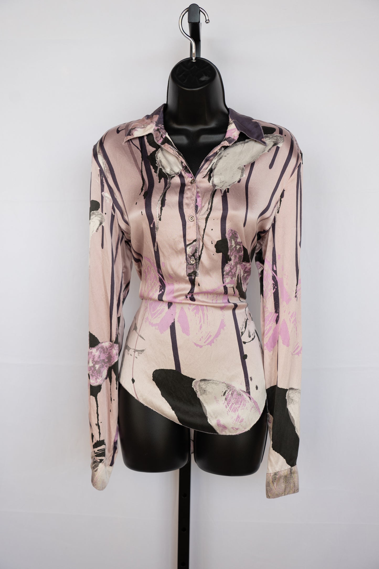 Roberto Cavalli Light Pink w/ Purple Floral & Butterfly Pattern Silk Long Sleeve Blouse