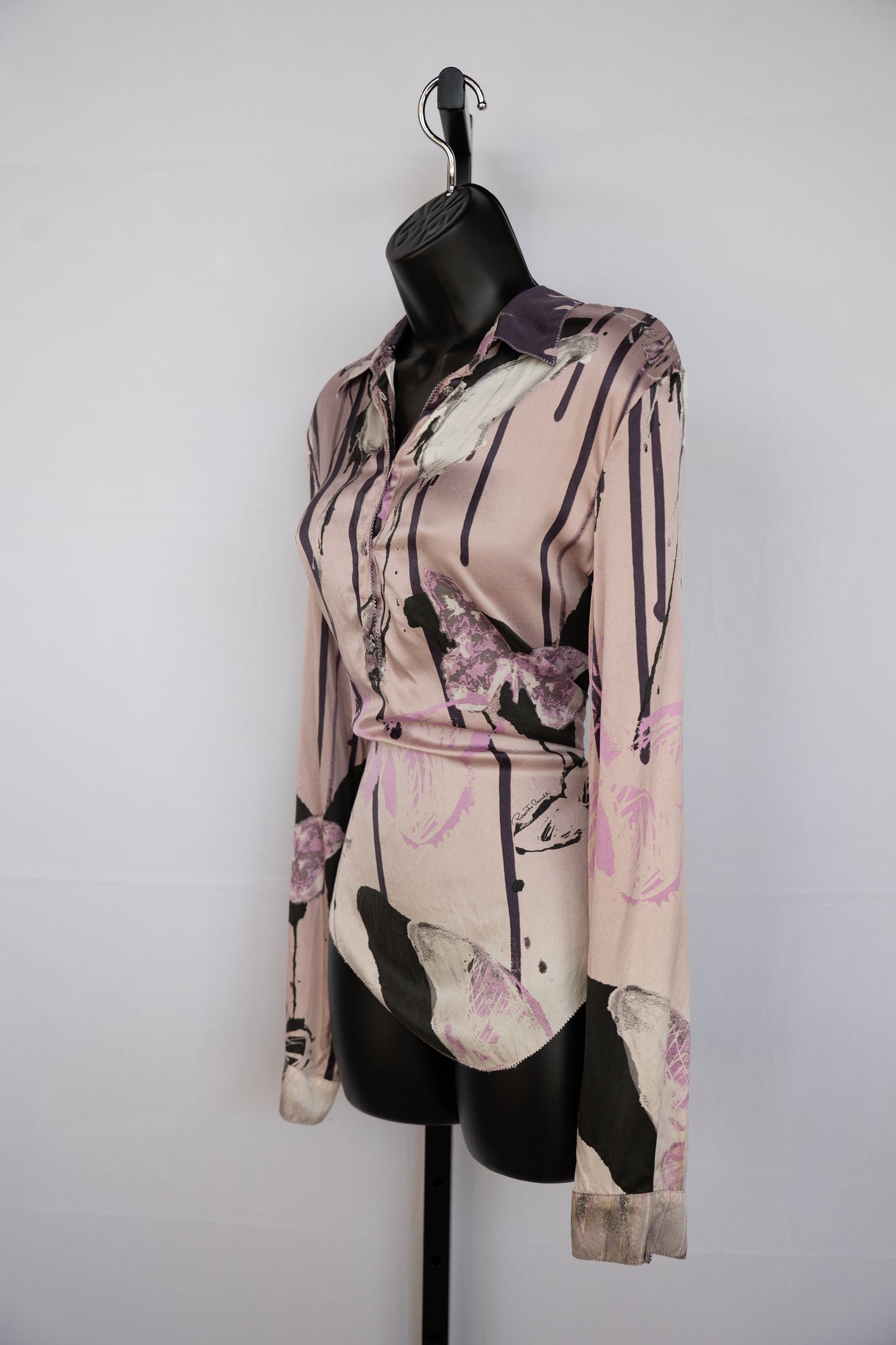 Roberto Cavalli Light Pink w/ Purple Floral & Butterfly Pattern Silk Long Sleeve Blouse