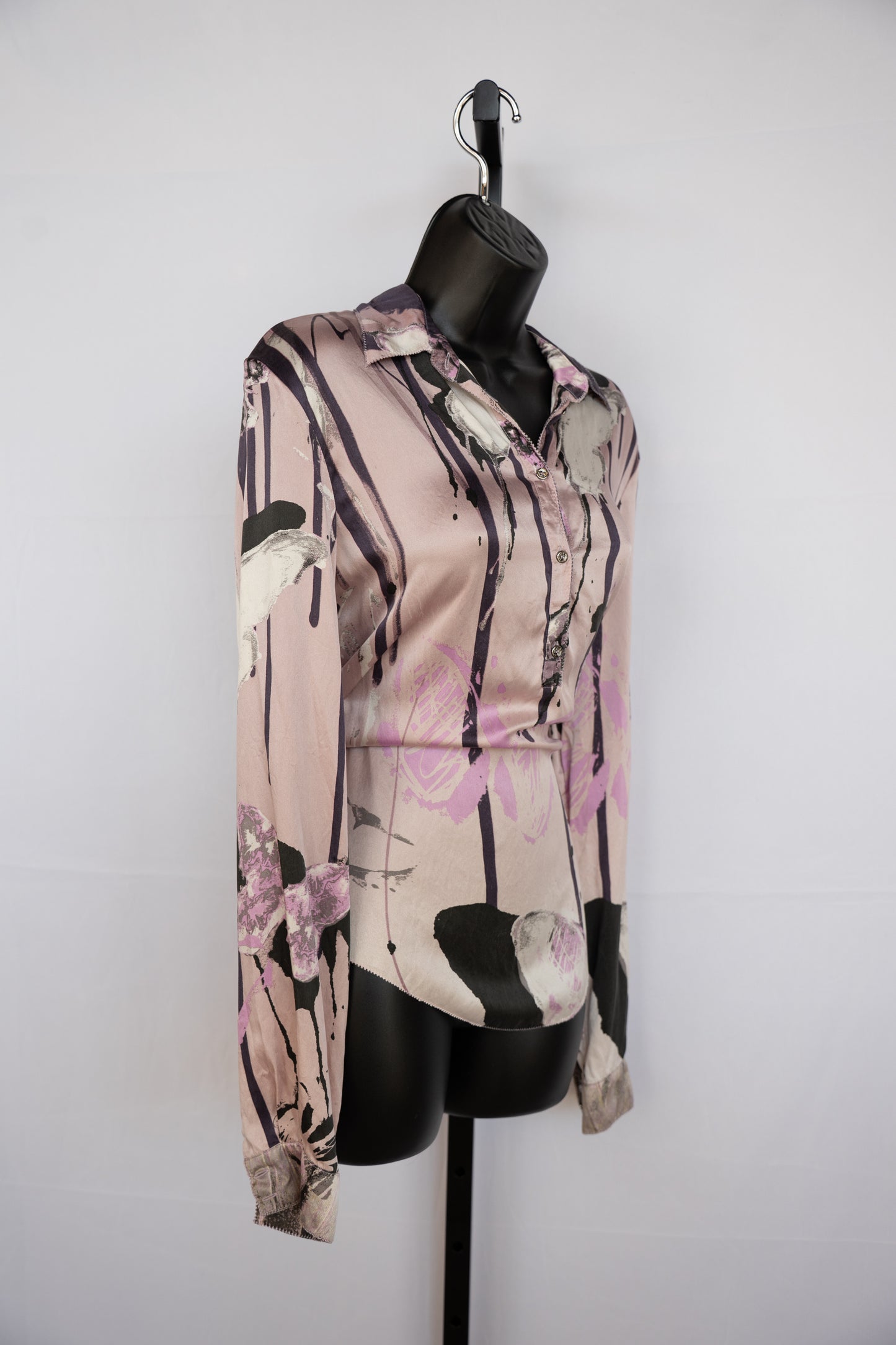 Roberto Cavalli Light Pink w/ Purple Floral & Butterfly Pattern Silk Long Sleeve Blouse