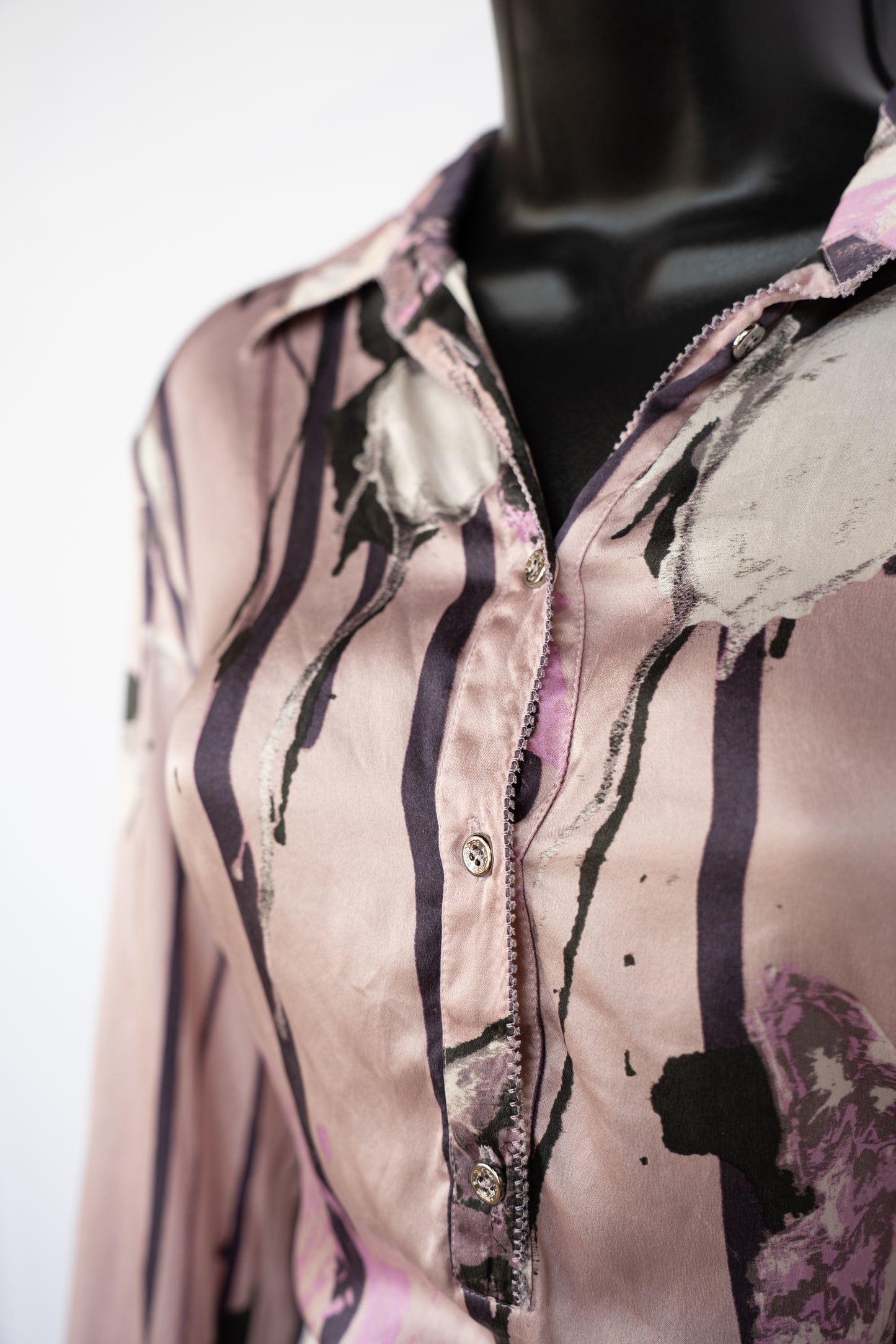 Roberto Cavalli Light Pink w/ Purple Floral & Butterfly Pattern Silk Long Sleeve Blouse