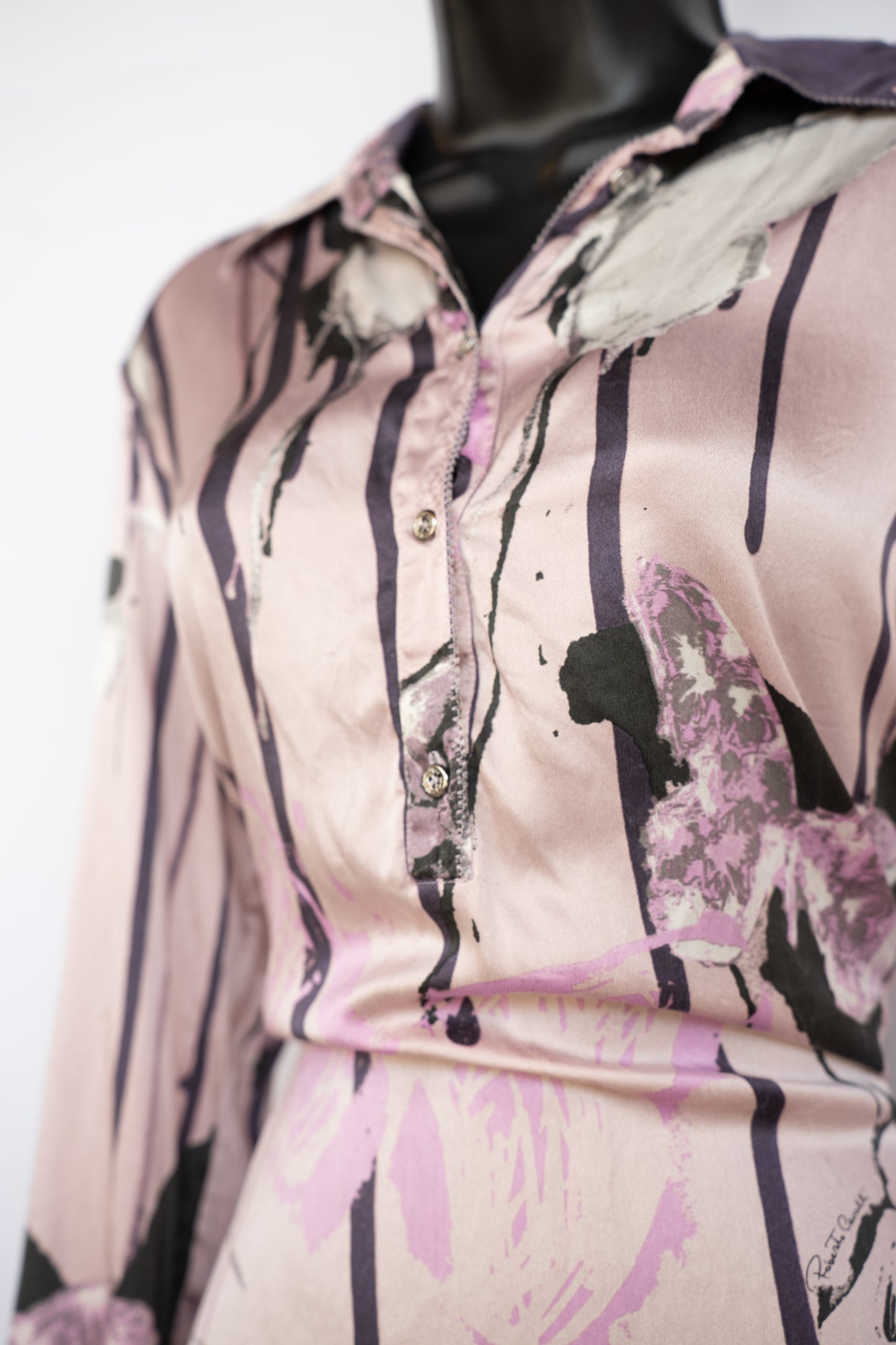 Roberto Cavalli Light Pink w/ Purple Floral & Butterfly Pattern Silk Long Sleeve Blouse