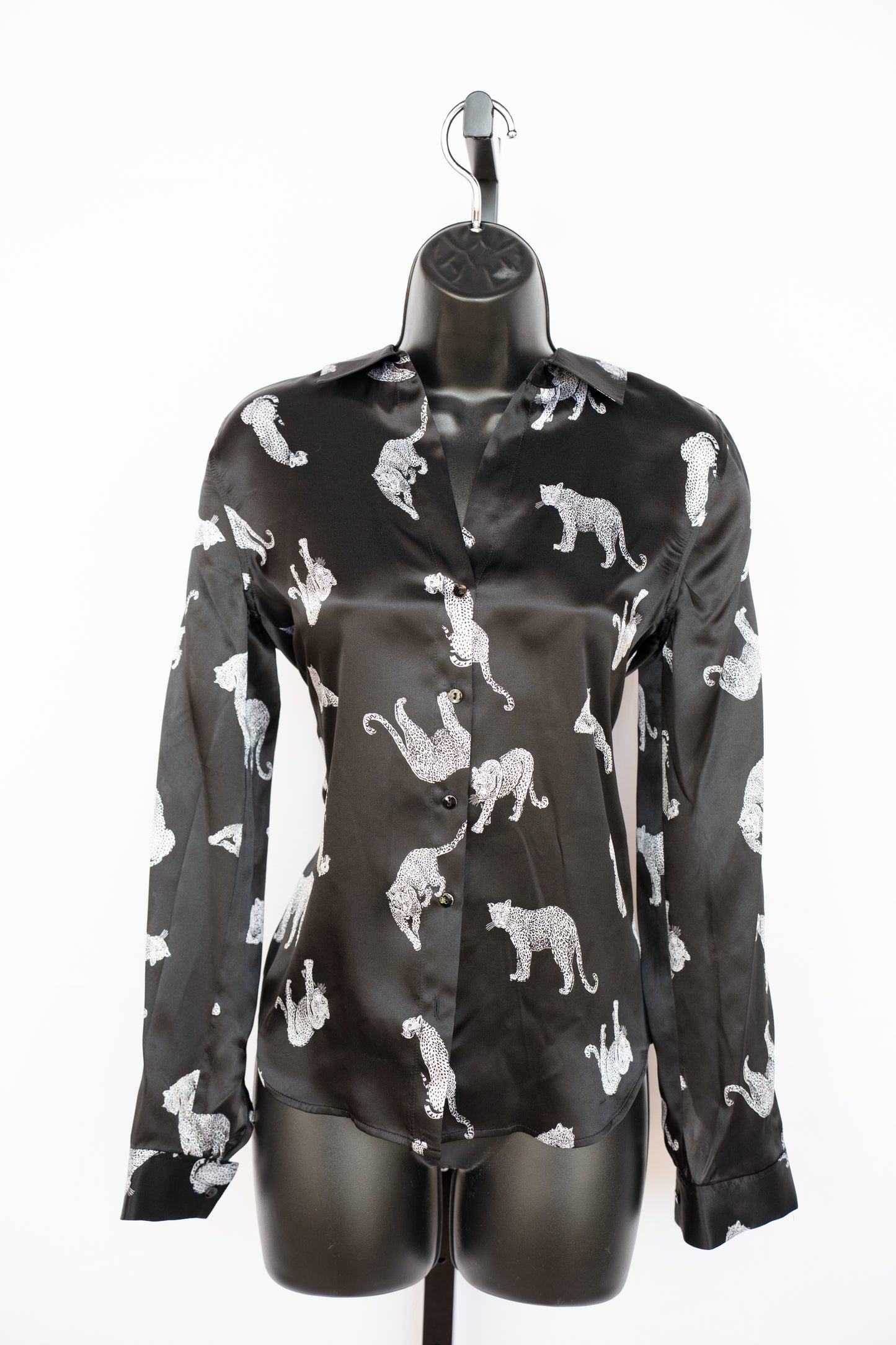 L'Agence Black Silk Long Sleeve Button Down Blouse w/ Leopards NWT