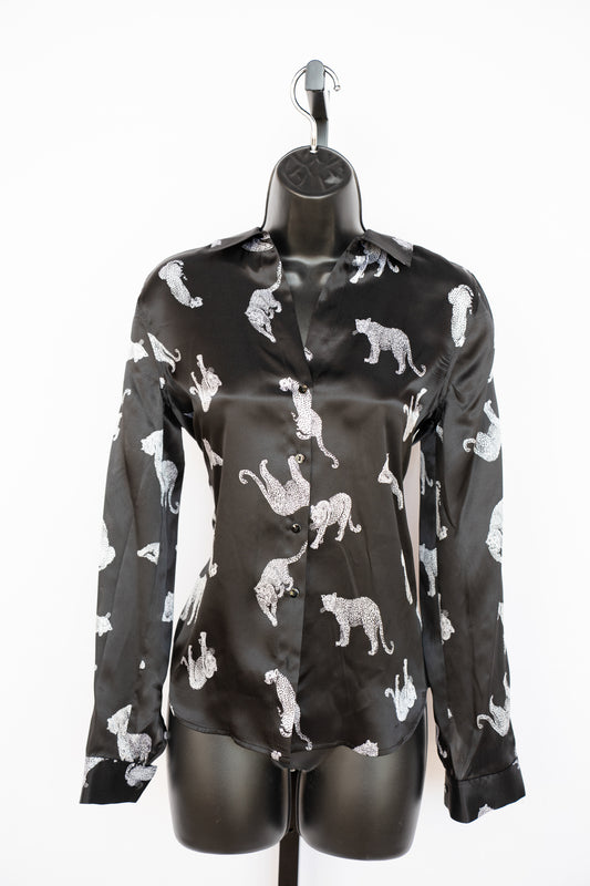 L'Agence Black Silk Long Sleeve Button Down Blouse w/ Leopards NWT