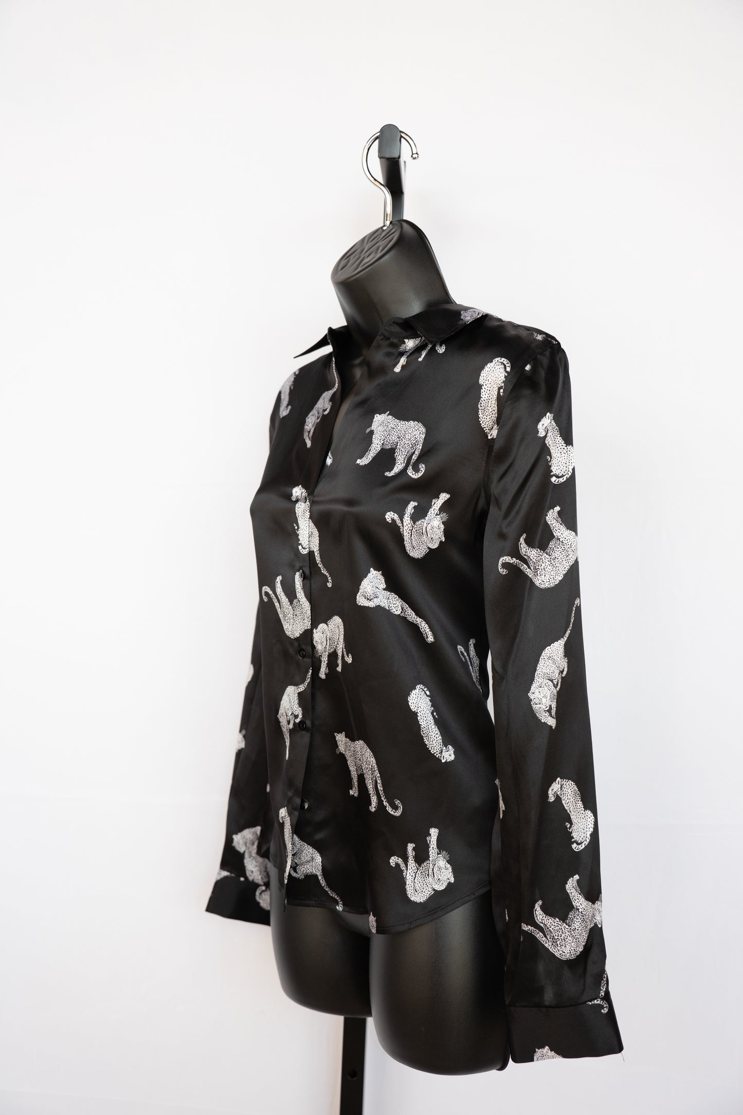 L'Agence Black Silk Long Sleeve Button Down Blouse w/ Leopards NWT
