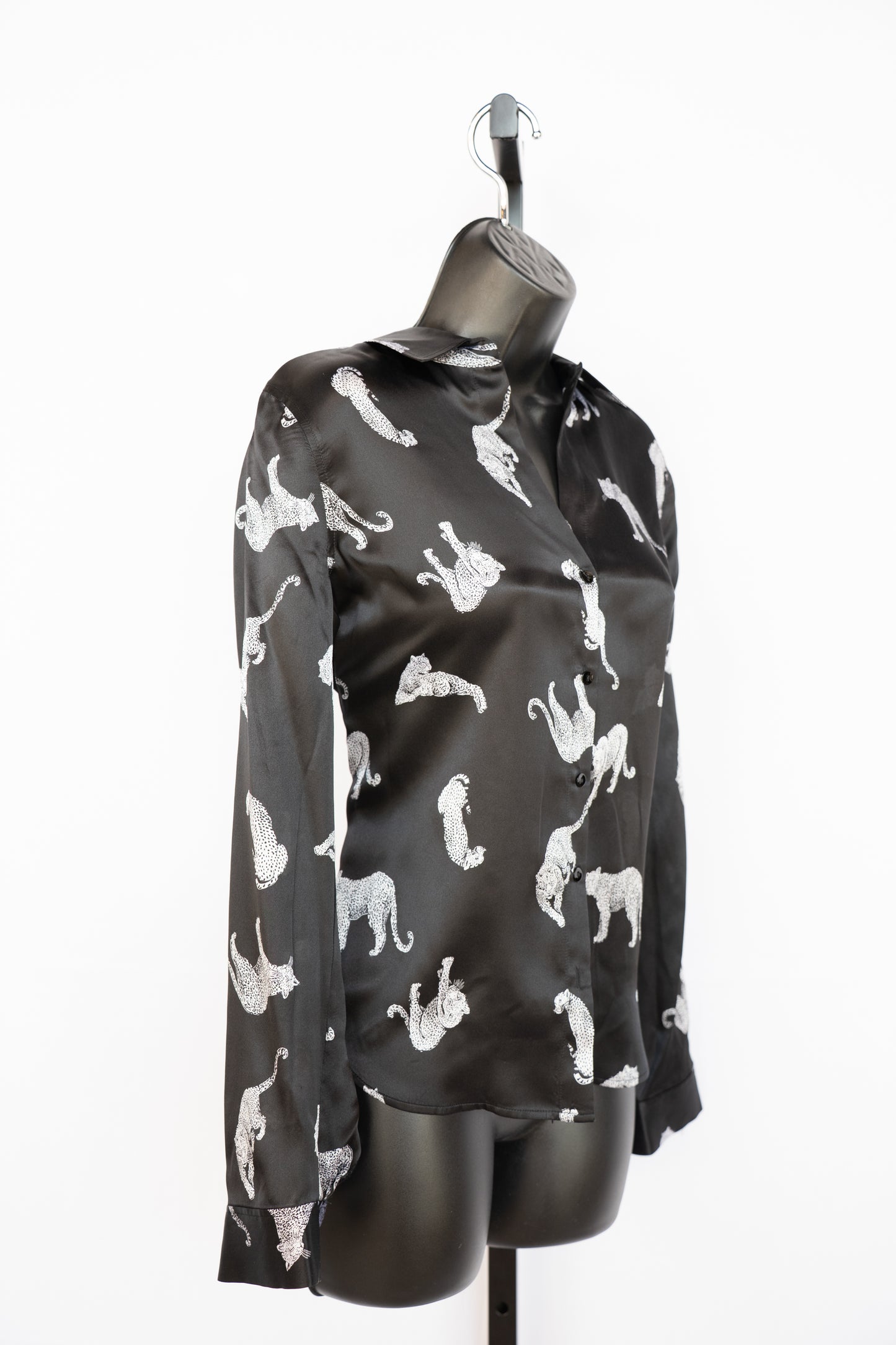 L'Agence Black Silk Long Sleeve Button Down Blouse w/ Leopards NWT