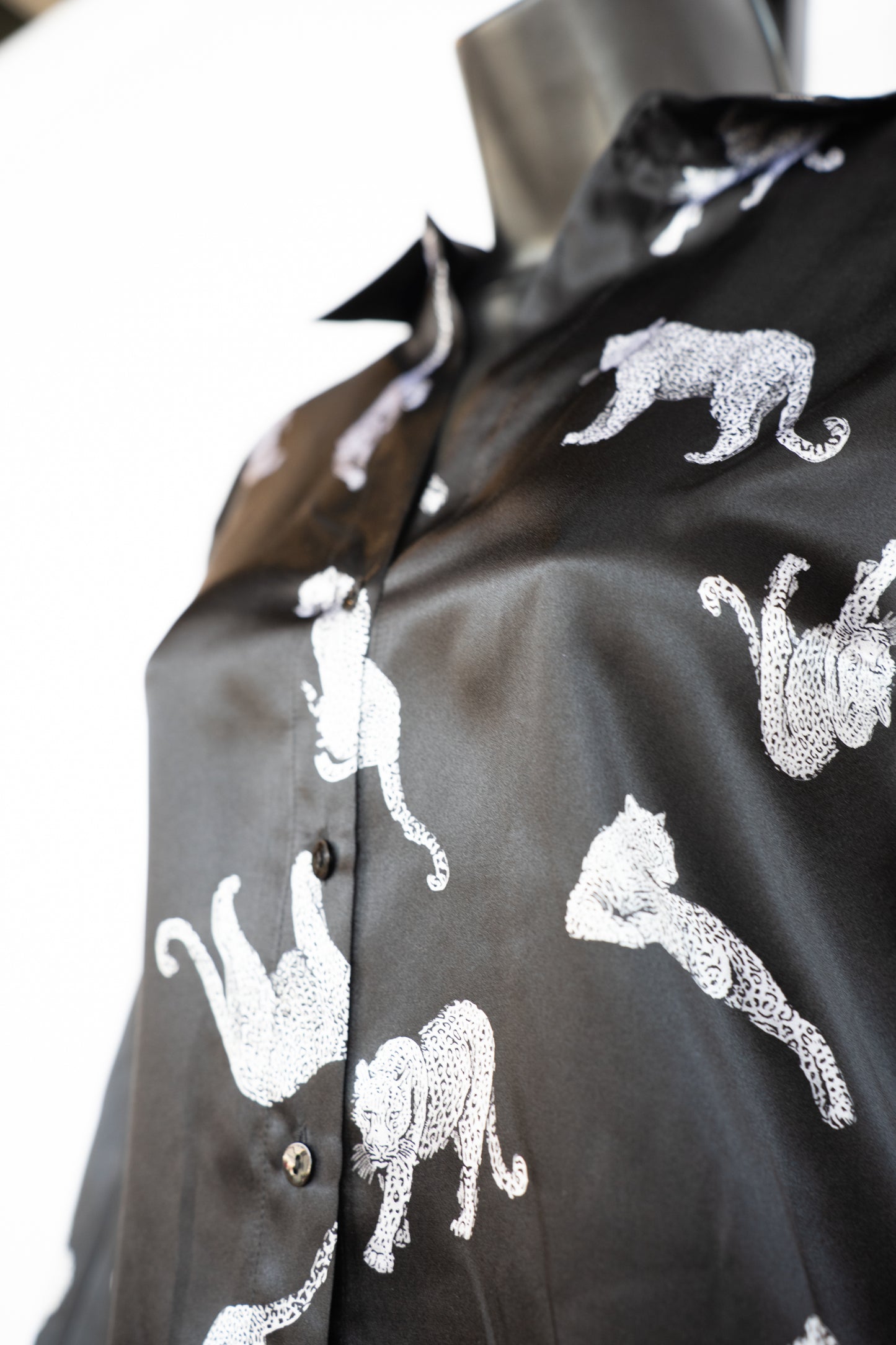 L'Agence Black Silk Long Sleeve Button Down Blouse w/ Leopards NWT