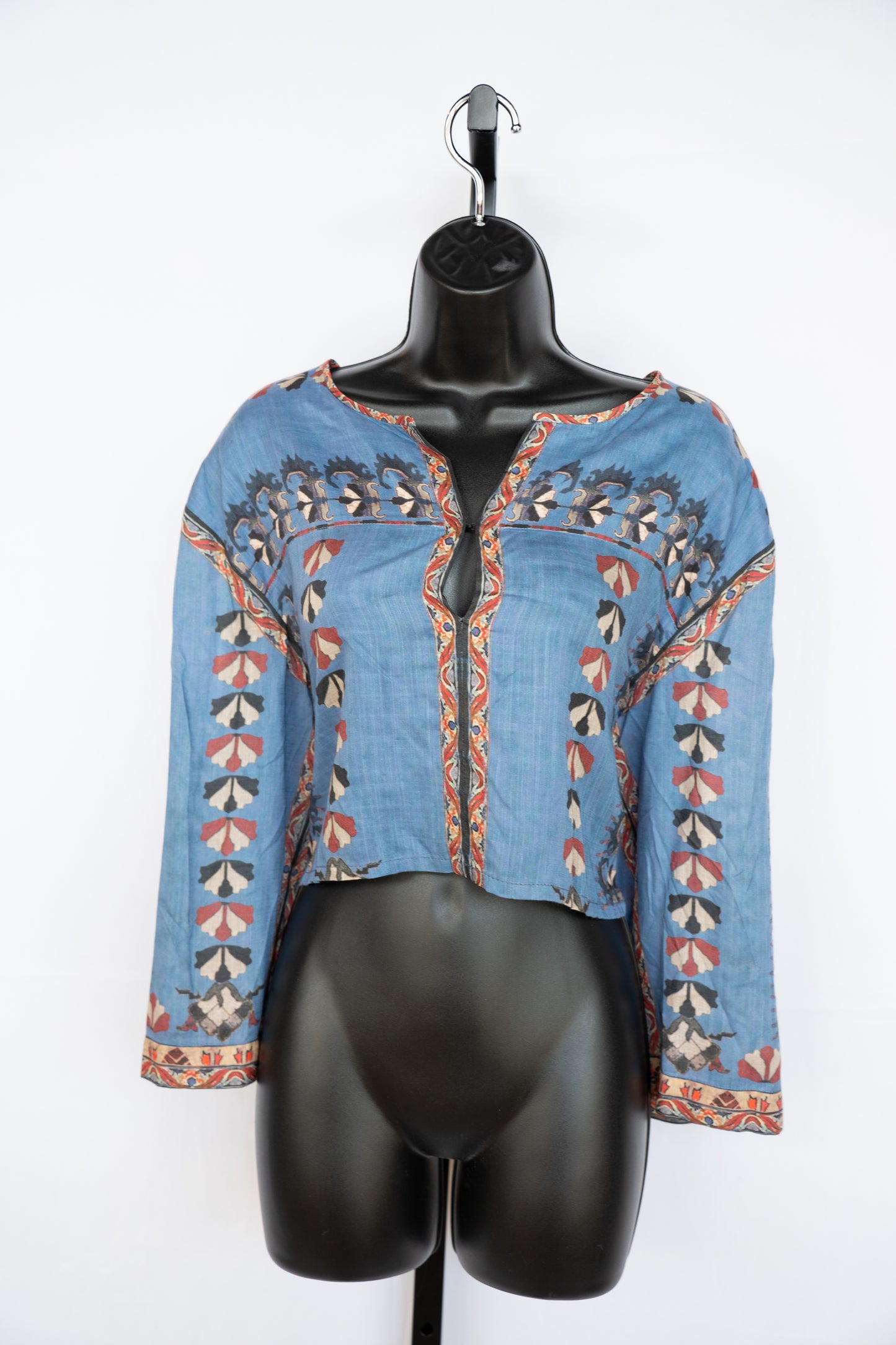 Isabel Marant Blue Patterned Cropped 3/4 Sleeve V-Neck Blouse NWT