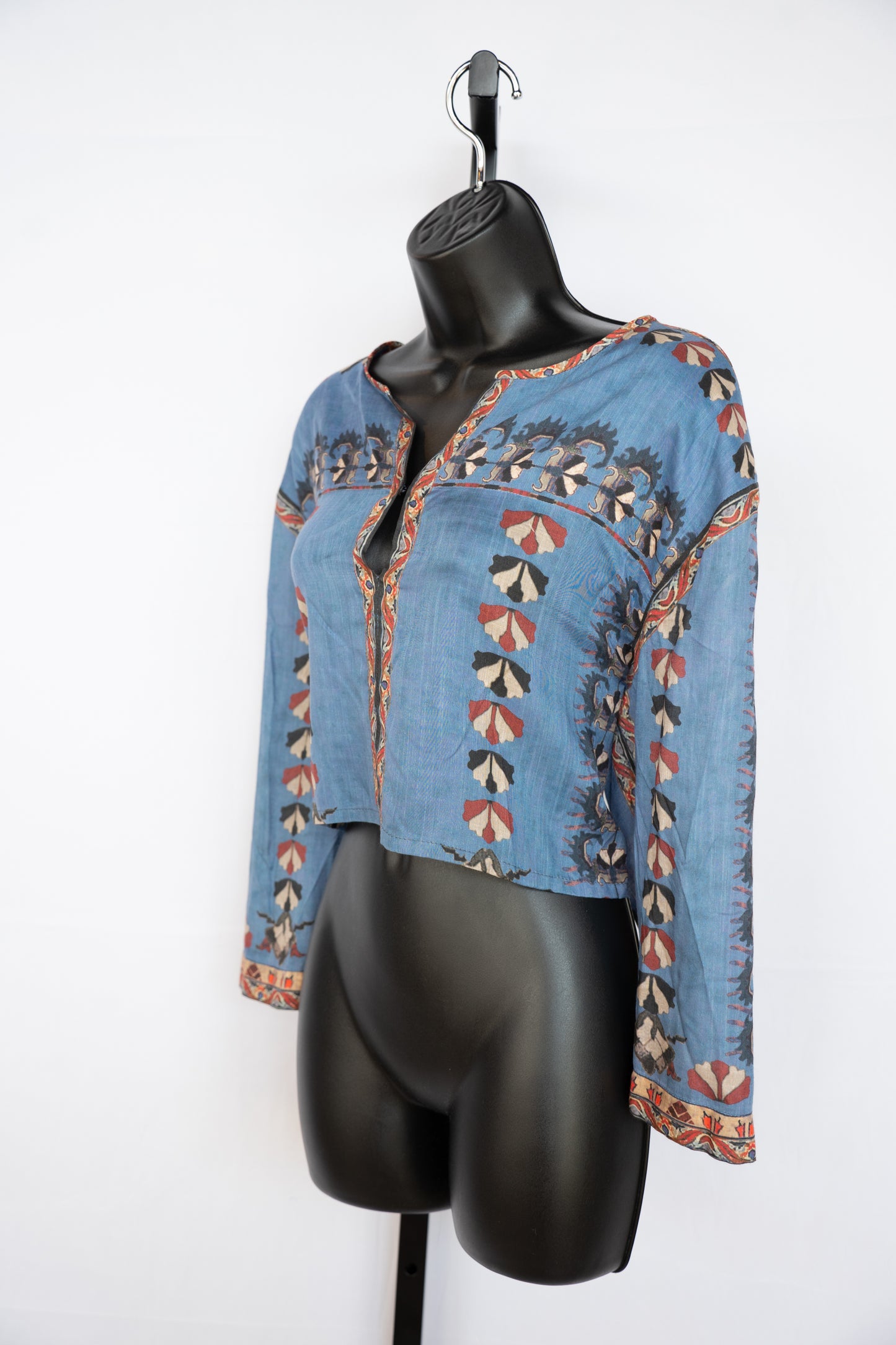 Isabel Marant Blue Patterned Cropped 3/4 Sleeve V-Neck Blouse NWT