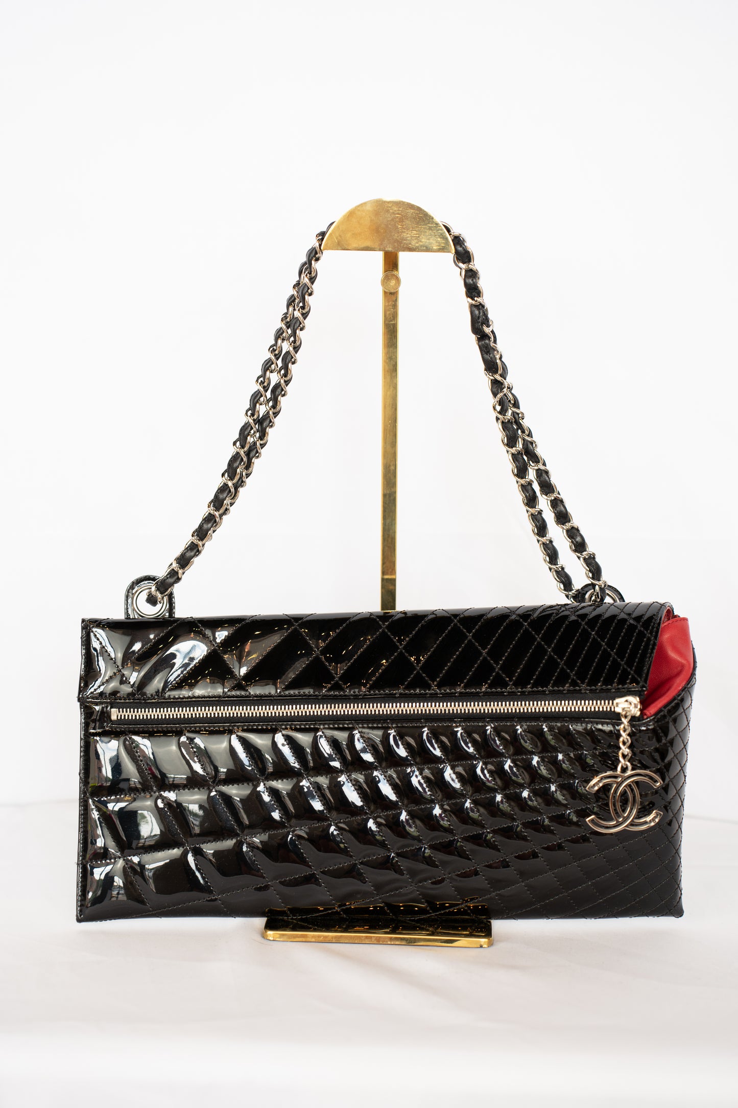 Chanel Black Patent Leather Quilted Asymmetrical Shoulder Bag