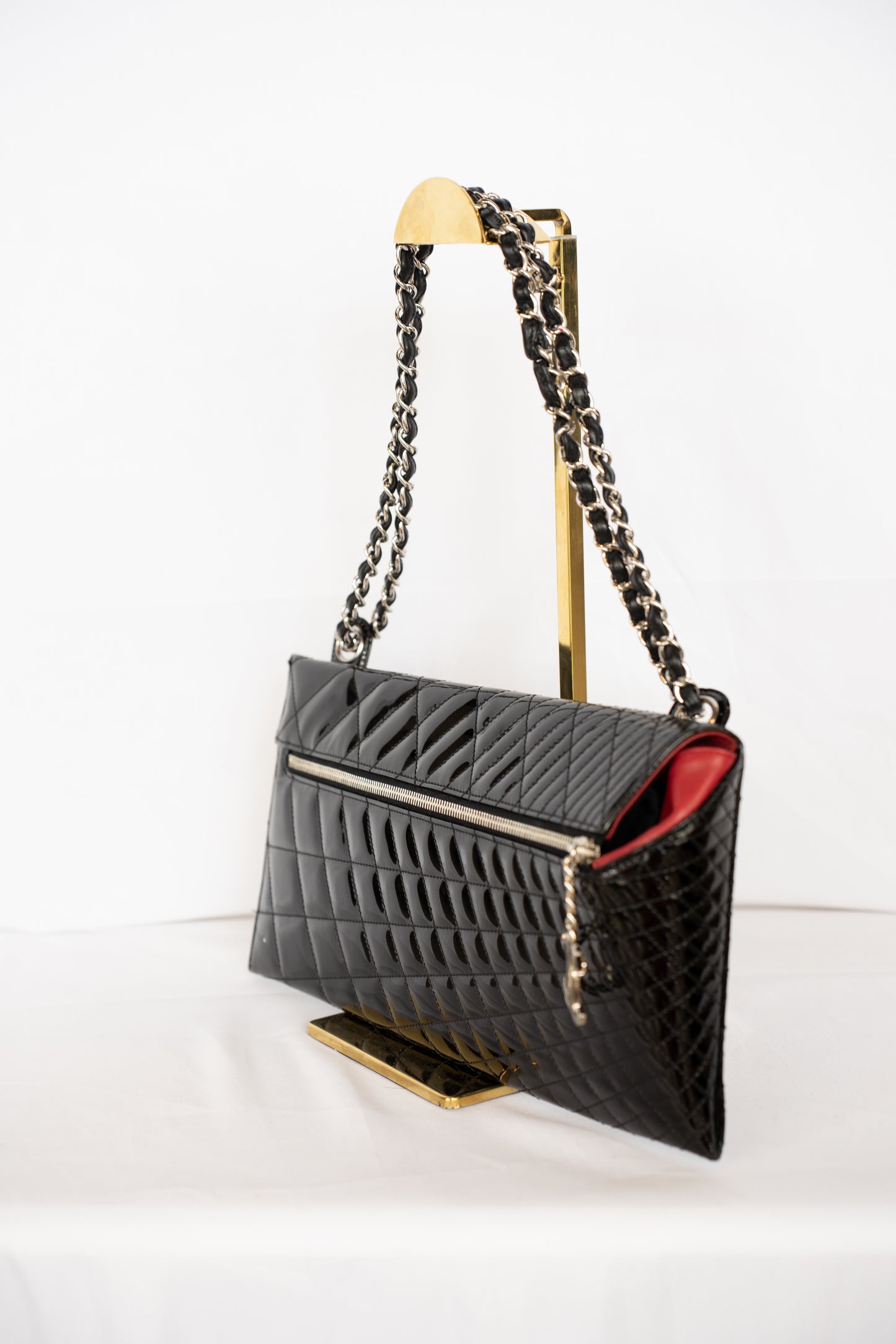 Chanel Black Patent Leather Quilted Asymmetrical Shoulder Bag