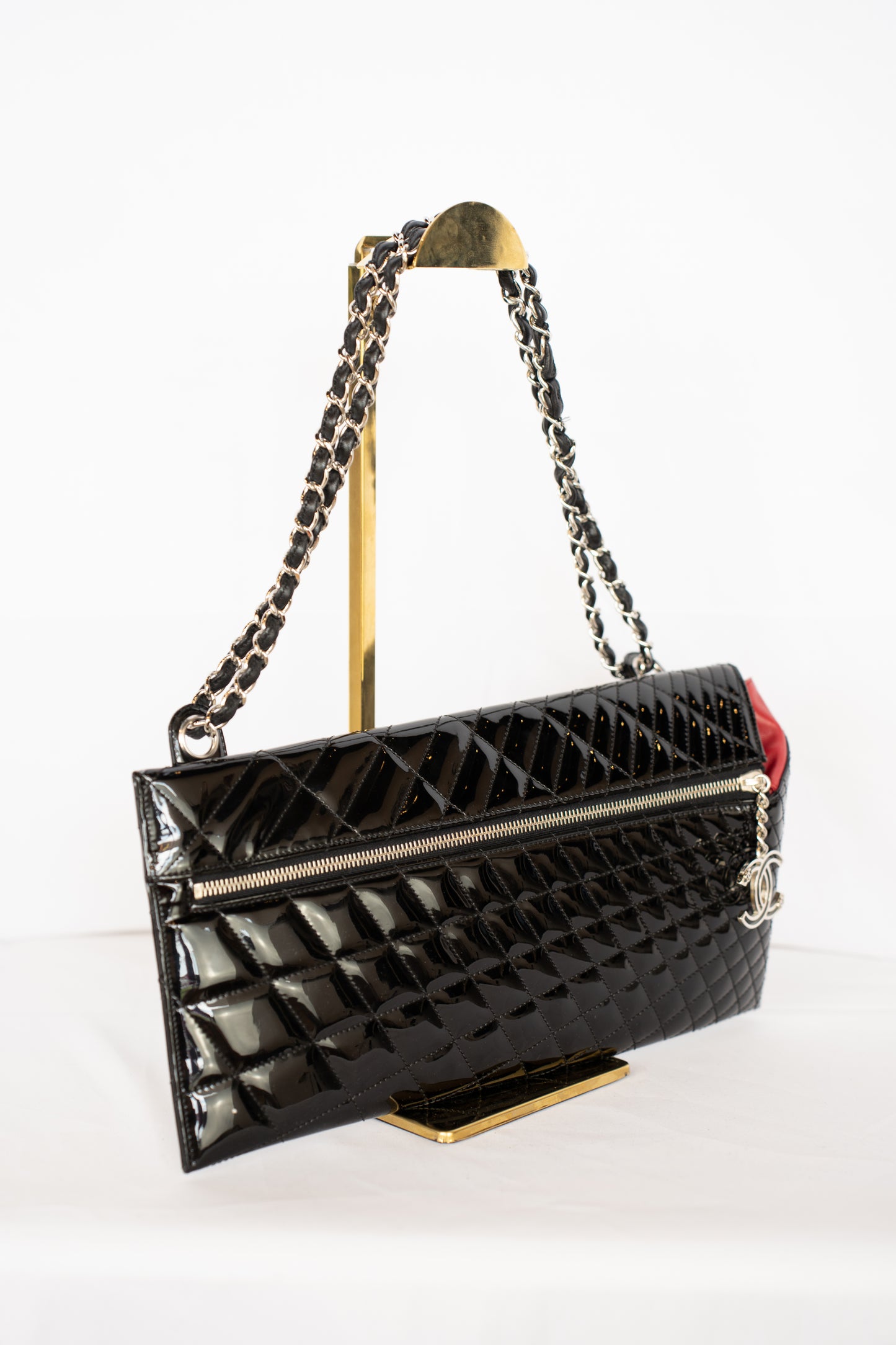 Chanel Black Patent Leather Quilted Asymmetrical Shoulder Bag