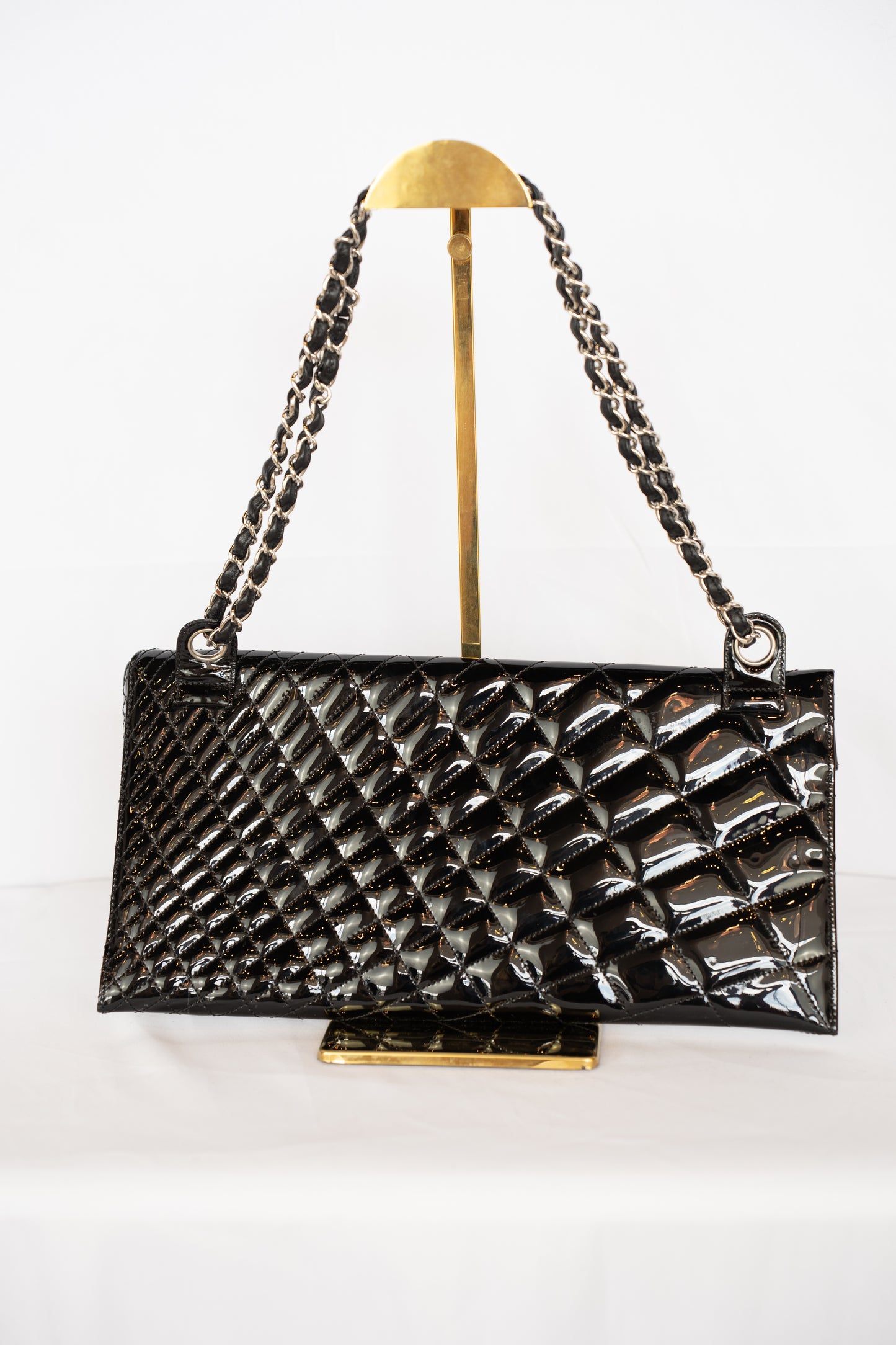 Chanel Black Patent Leather Quilted Asymmetrical Shoulder Bag
