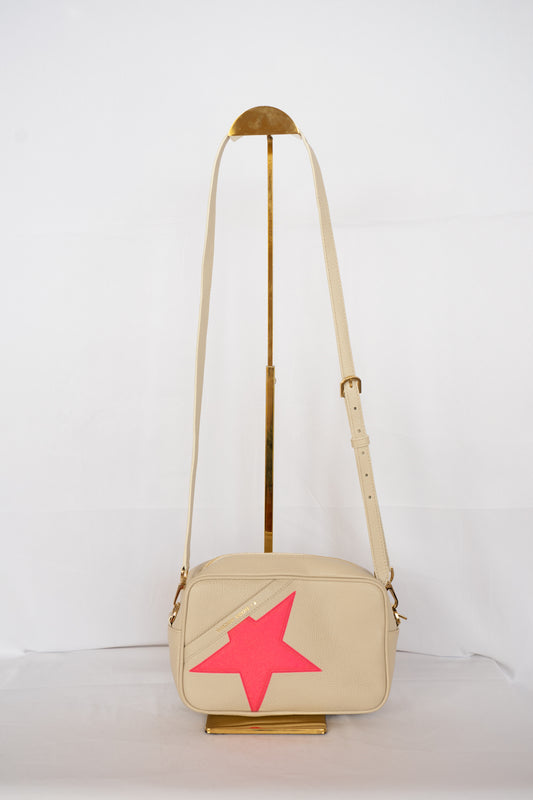 Golden Goose Beige Leather w Pink Sparkle Star Camera Crossbody Bag
