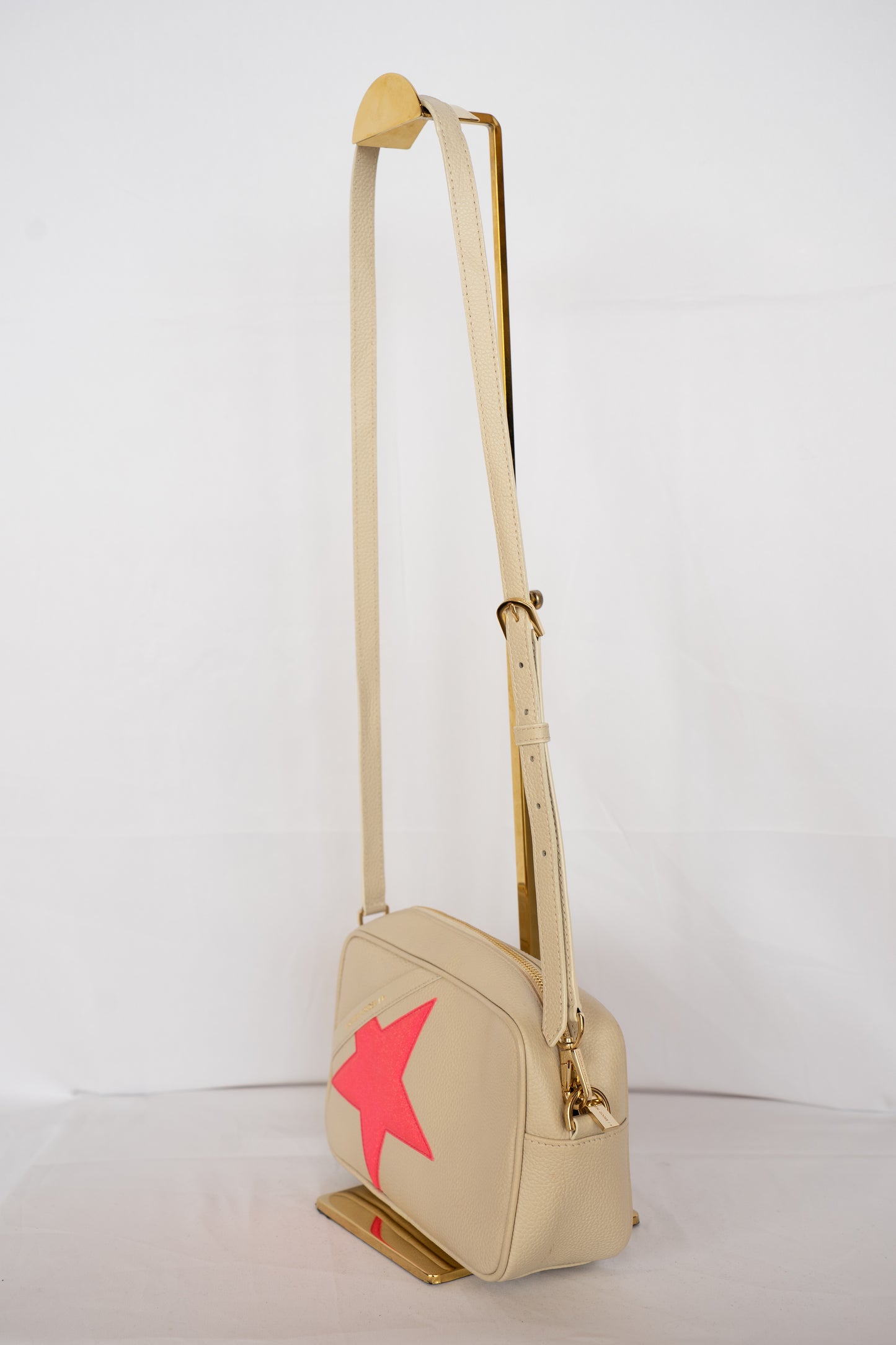 Golden Goose Beige Leather w Pink Sparkle Star Camera Crossbody Bag