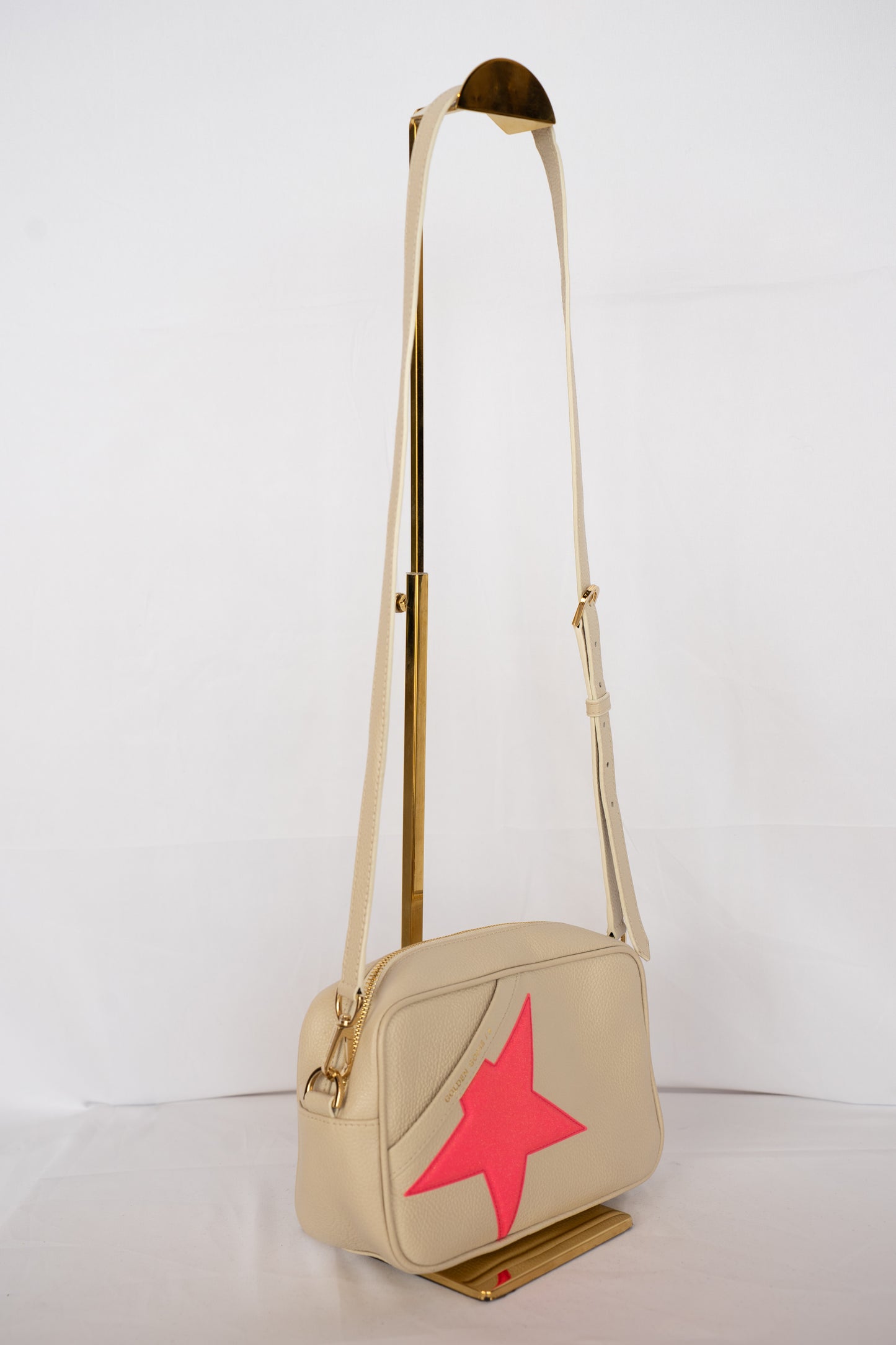 Golden Goose Beige Leather w Pink Sparkle Star Camera Crossbody Bag