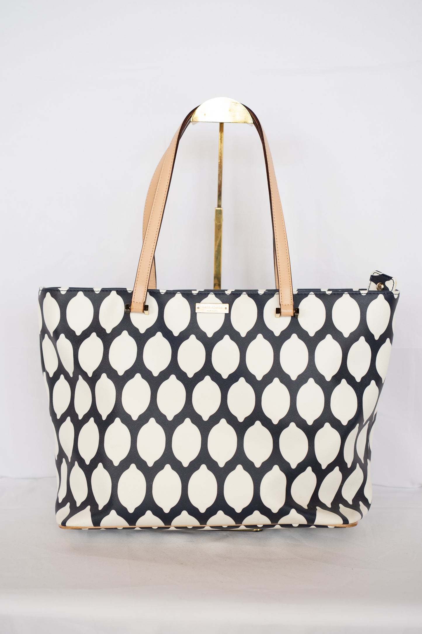 Kate Spade Navy & White Lemon Pattern Tote with Beige Handles