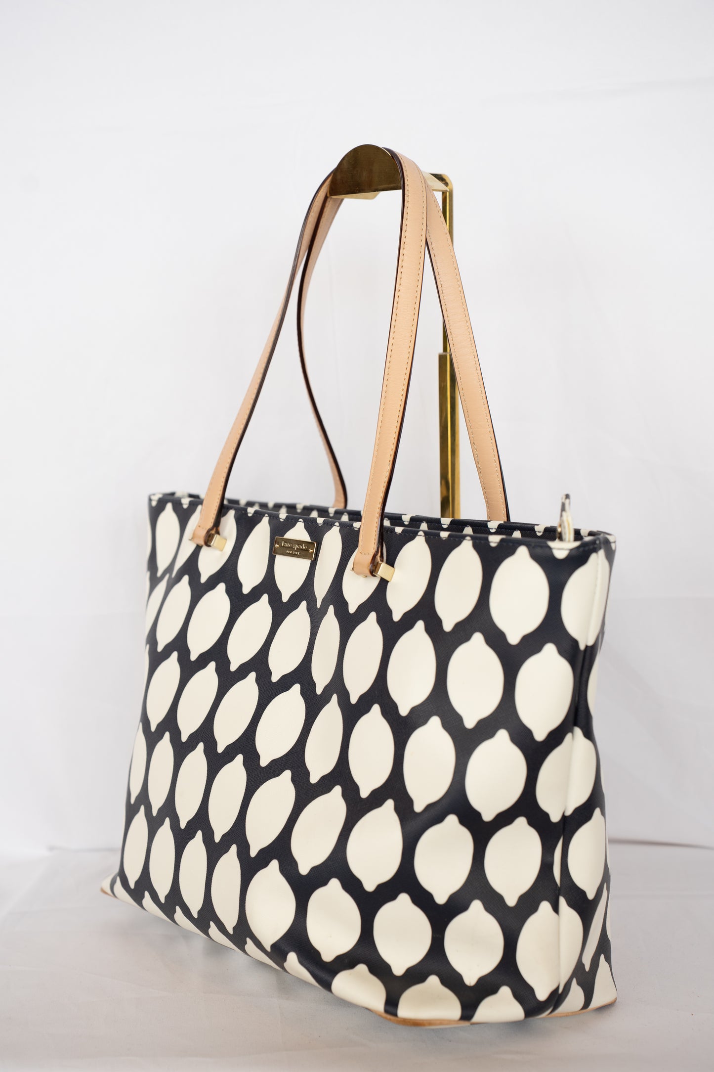 Kate Spade Navy & White Lemon Pattern Tote with Beige Handles