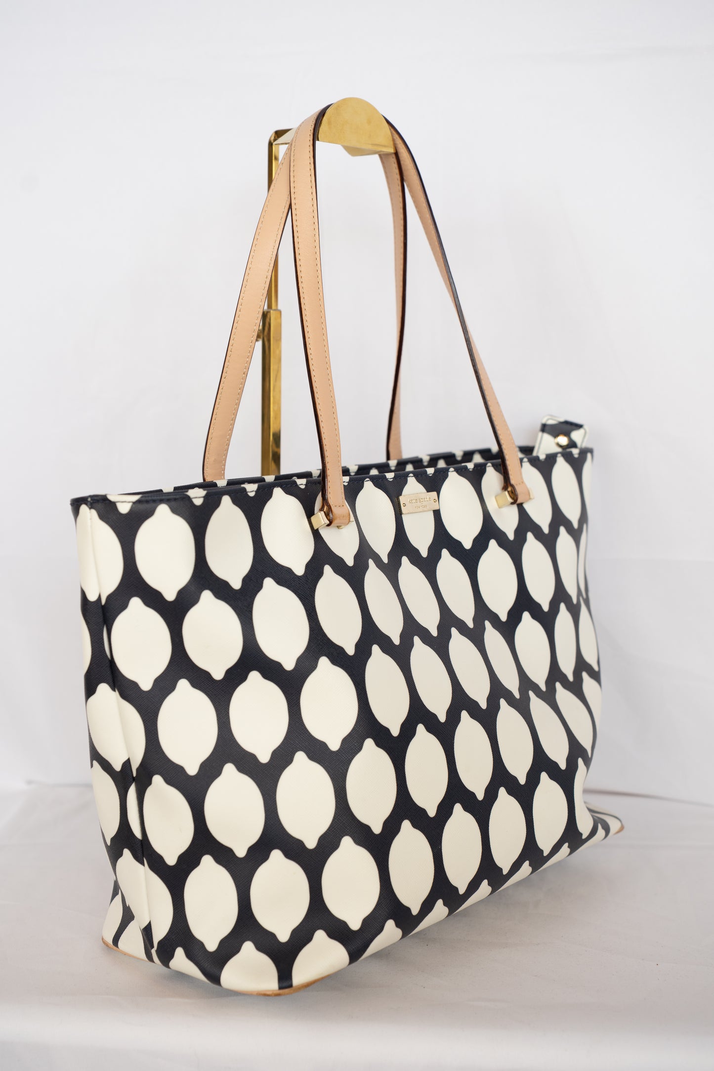 Kate Spade Navy & White Lemon Pattern Tote with Beige Handles