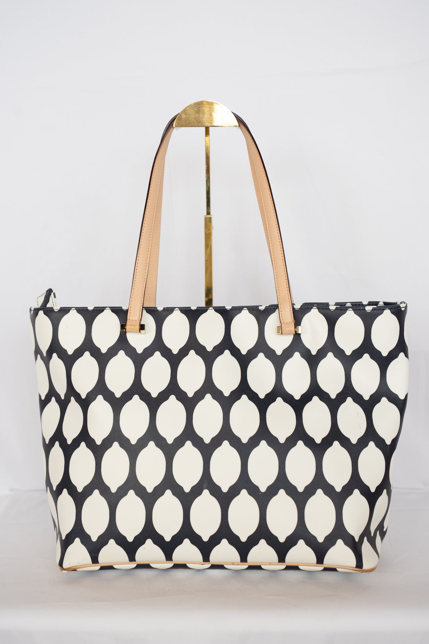 Kate Spade Navy & White Lemon Pattern Tote with Beige Handles