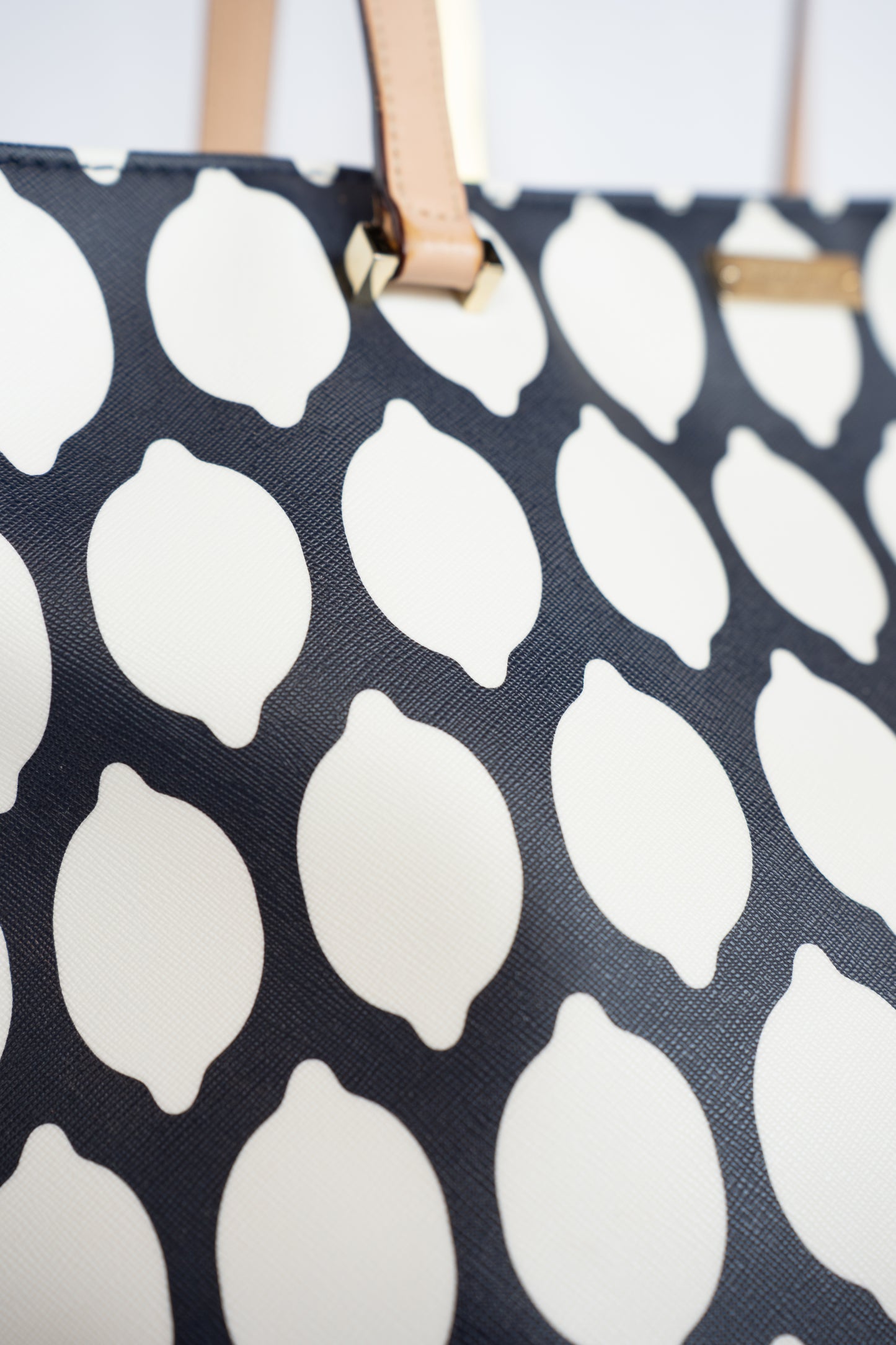 Kate Spade Navy & White Lemon Pattern Tote with Beige Handles