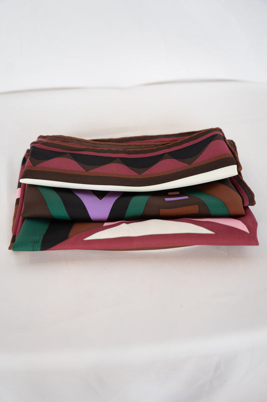 COMES WITH BOX - Emilio Pucci Silk Pink, Purple, Maroon, Green & Brown Art Deco Print Scarf