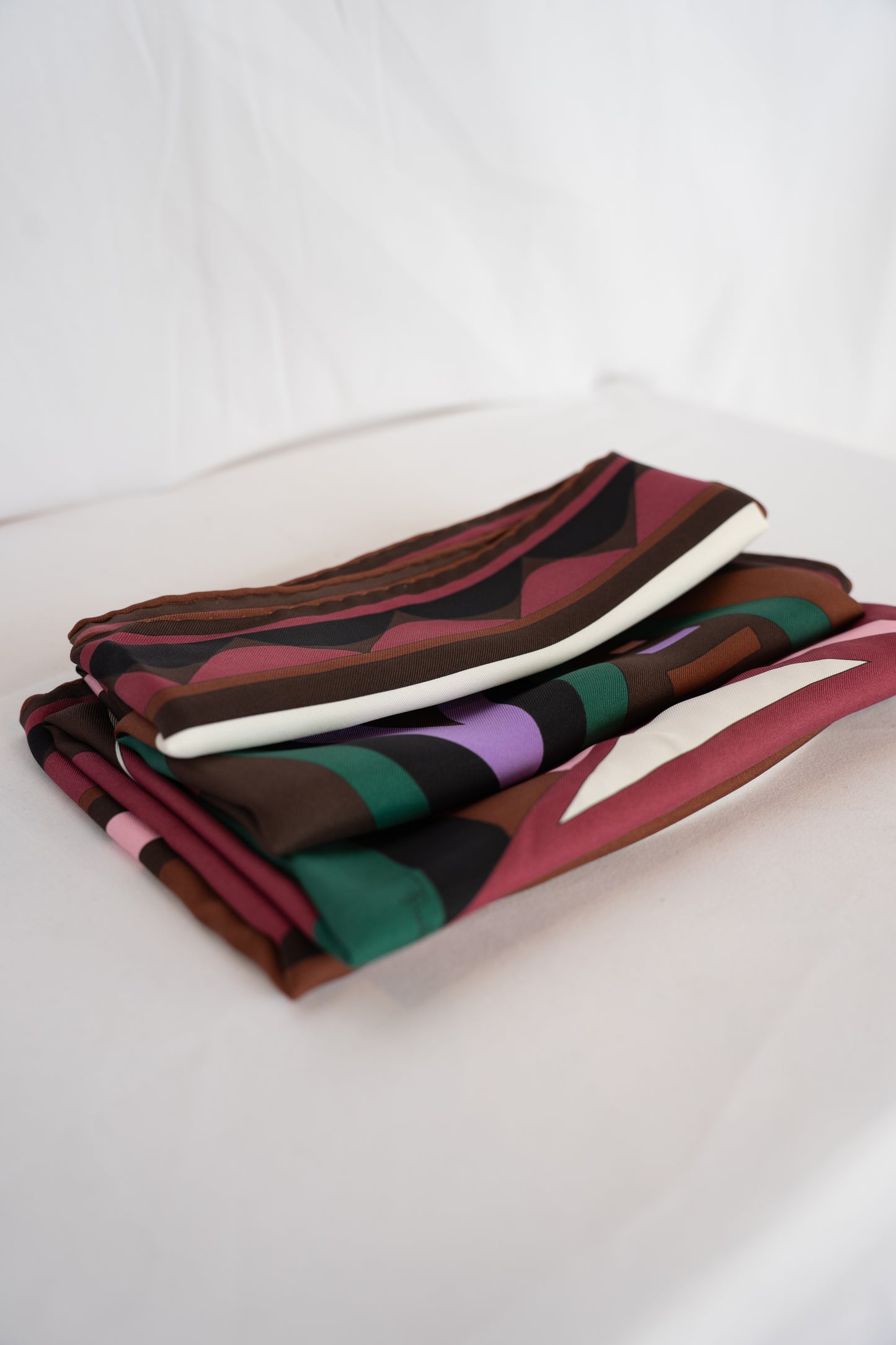 COMES WITH BOX - Emilio Pucci Silk Pink, Purple, Maroon, Green & Brown Art Deco Print Scarf