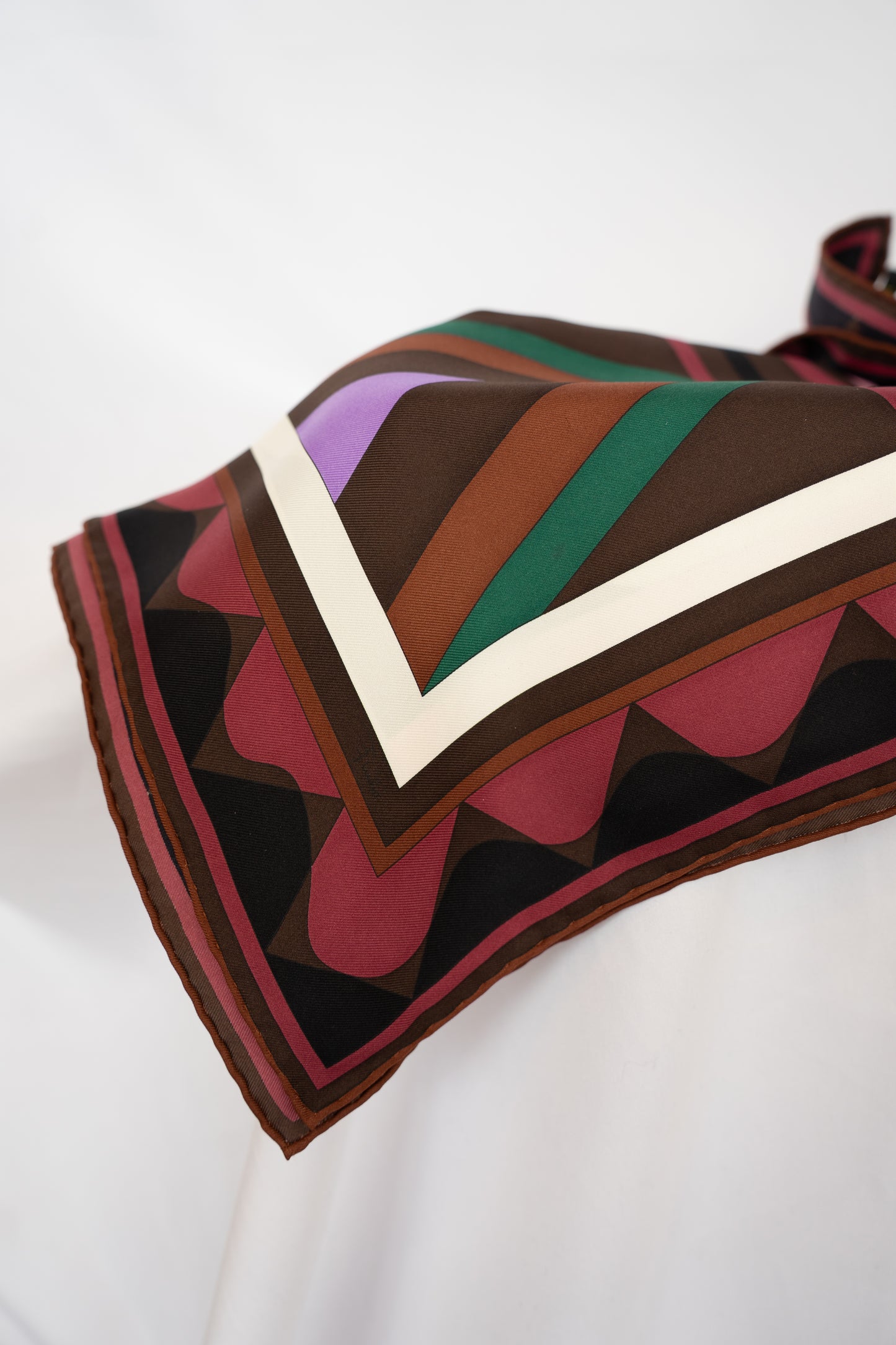 COMES WITH BOX - Emilio Pucci Silk Pink, Purple, Maroon, Green & Brown Art Deco Print Scarf