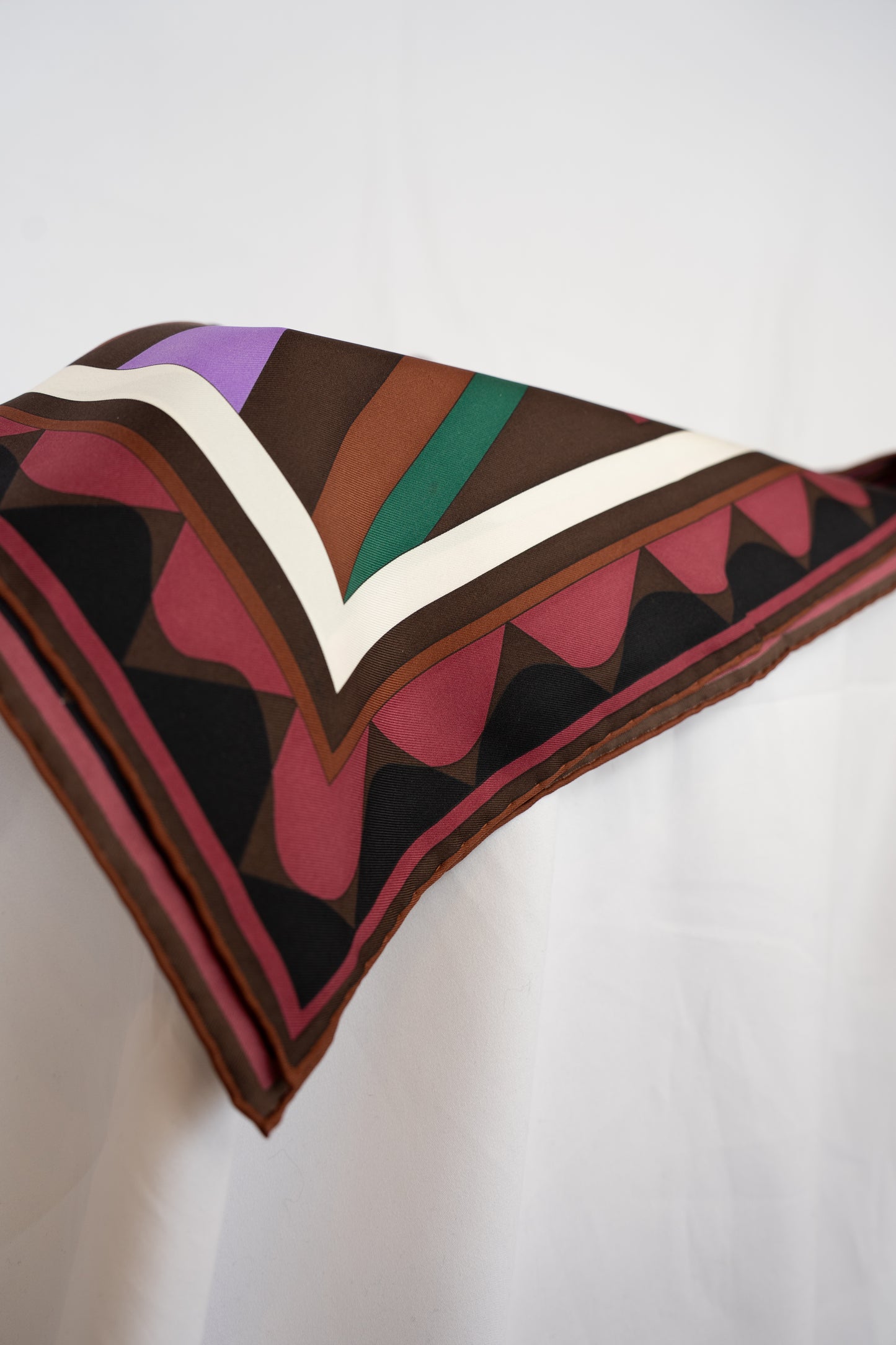 COMES WITH BOX - Emilio Pucci Silk Pink, Purple, Maroon, Green & Brown Art Deco Print Scarf