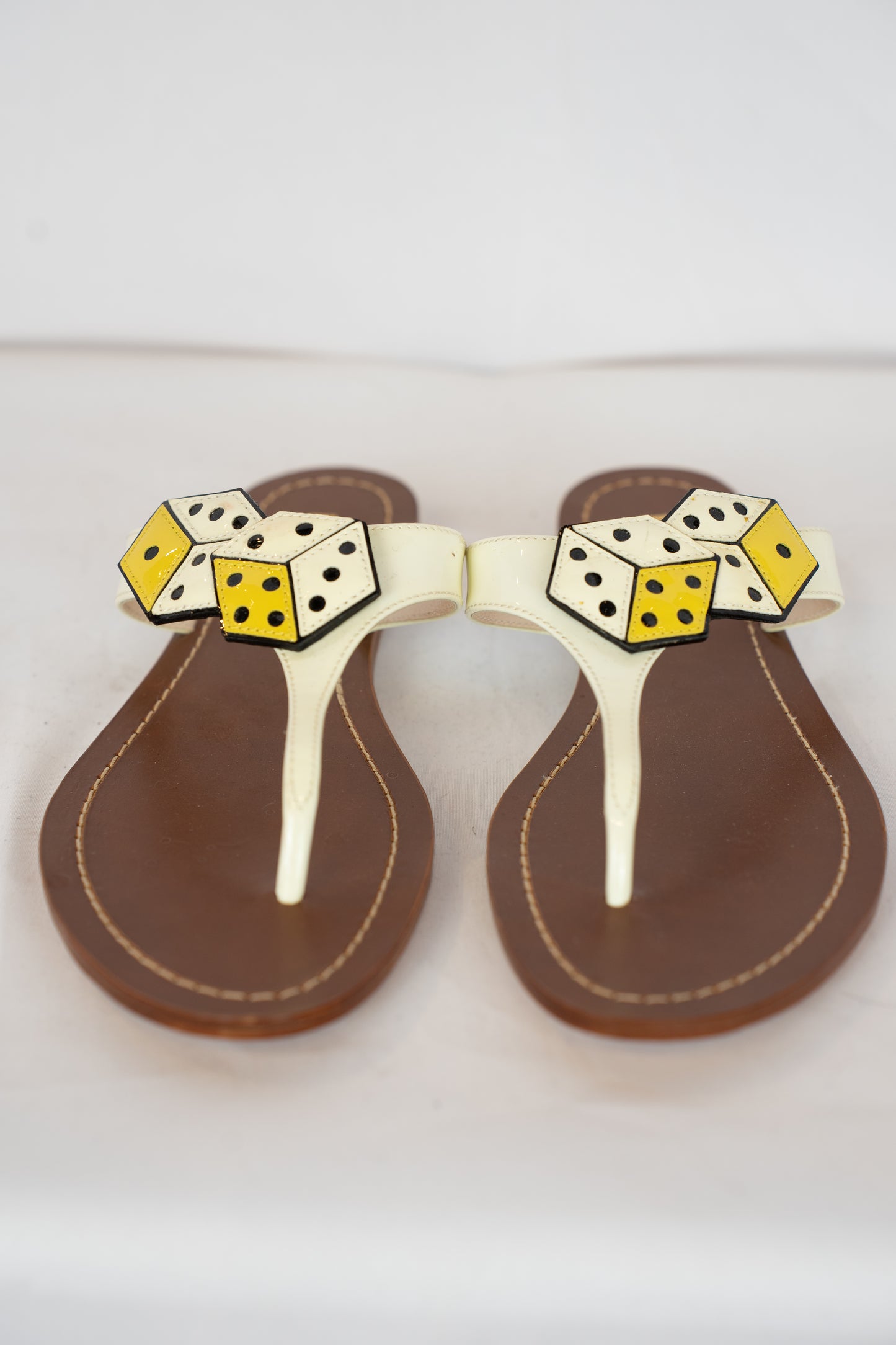Prada White & Yellow Dice Patent Leather T-strap Sandals
