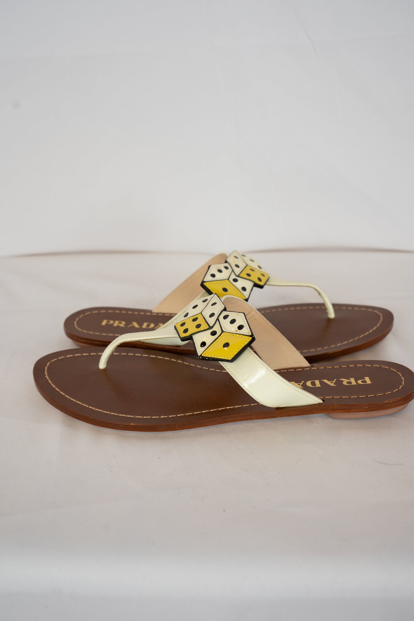 Prada White & Yellow Dice Patent Leather T-strap Sandals