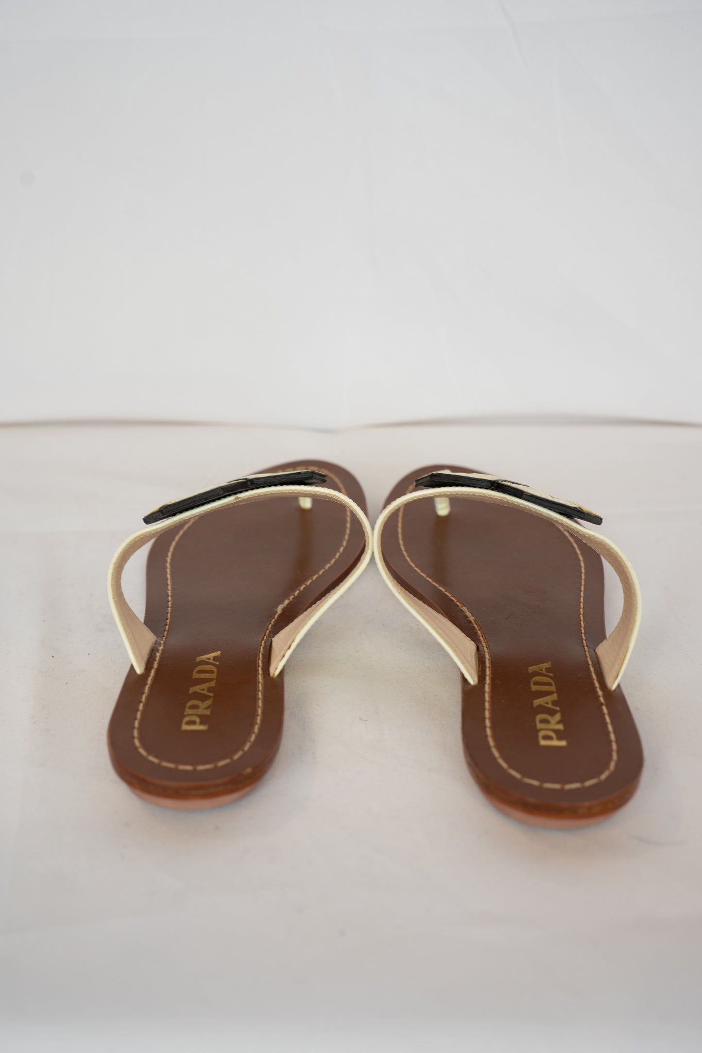 Prada White & Yellow Dice Patent Leather T-strap Sandals