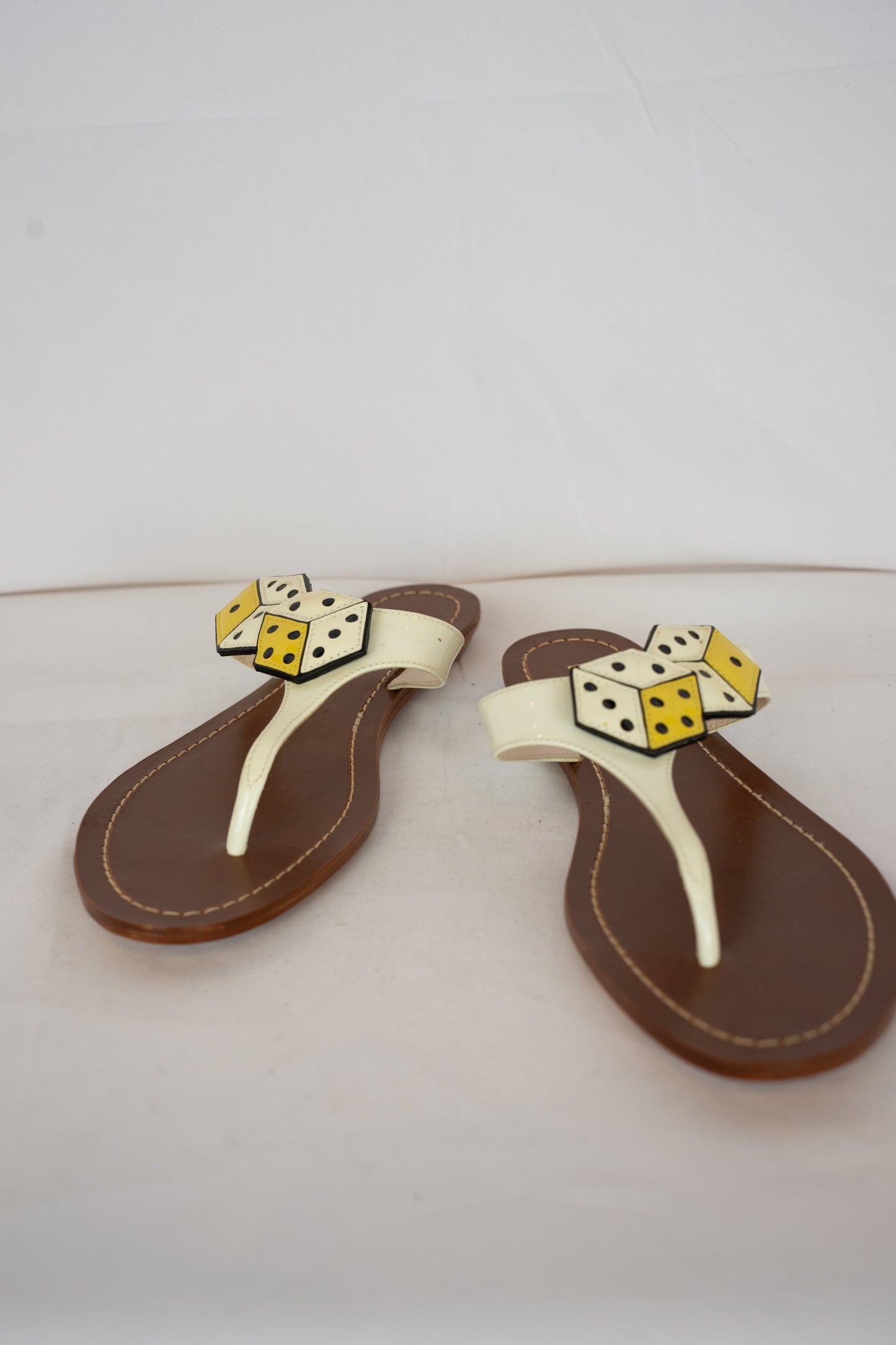 Prada White & Yellow Dice Patent Leather T-strap Sandals